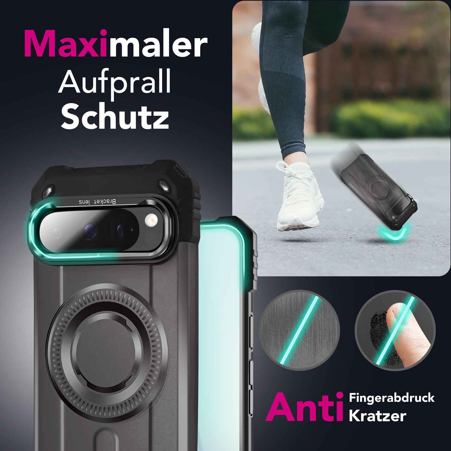 NALIA Granite Hülle für Google Pixel 9 Pro XL – Handyhülle für MagSafe, Military Armor Case mit Aufprallschutzrahmen & Kickstand, Stoßfestes Hardcover im Panzer-Stil