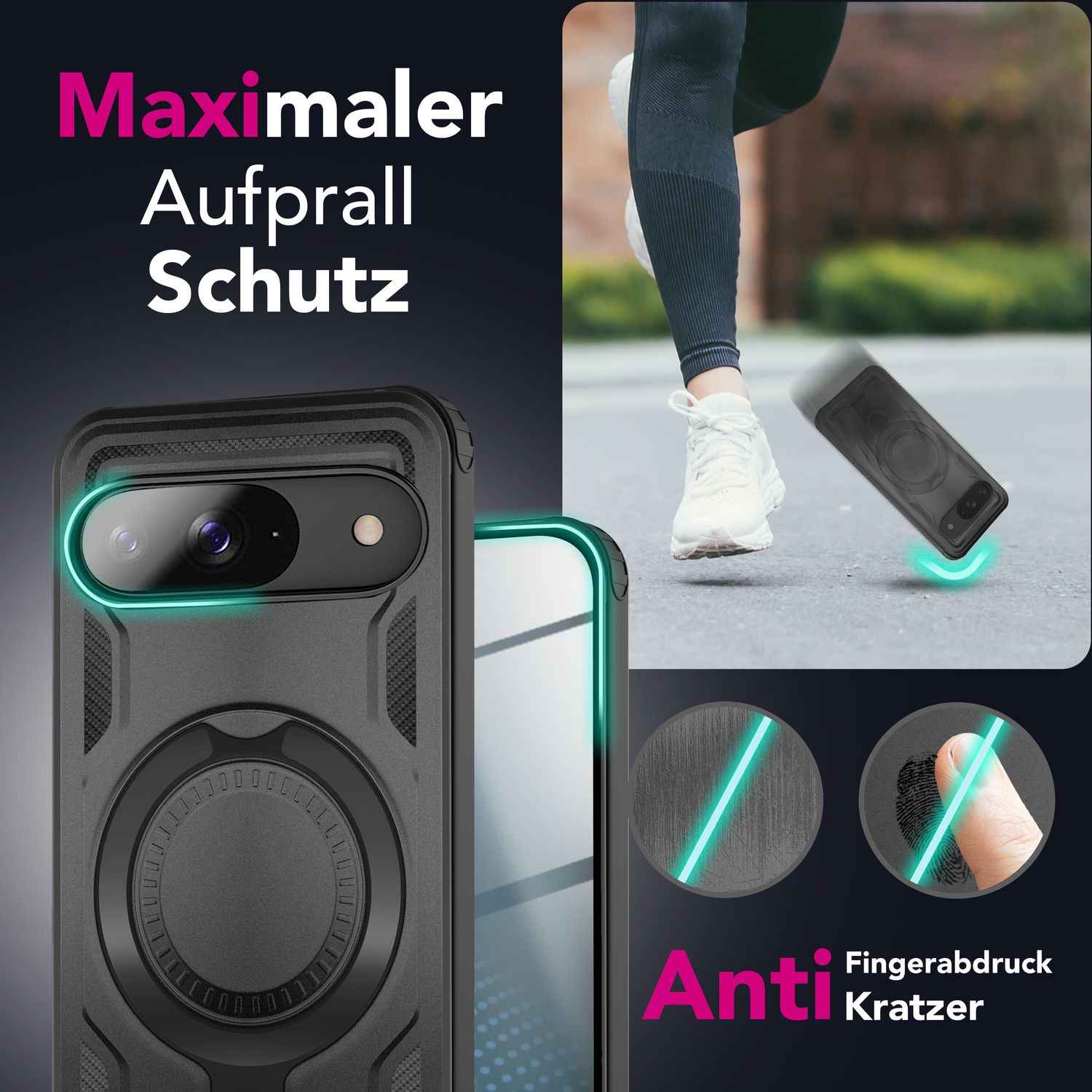 NALIA Stormguard Hülle für Google Pixel 9 – Handyhülle für MagSafe, Stoßfestes Hardcase mit 360° Ringhalter, Aufprallschutz Cover, Panzer Schutzhülle im Militär Stil