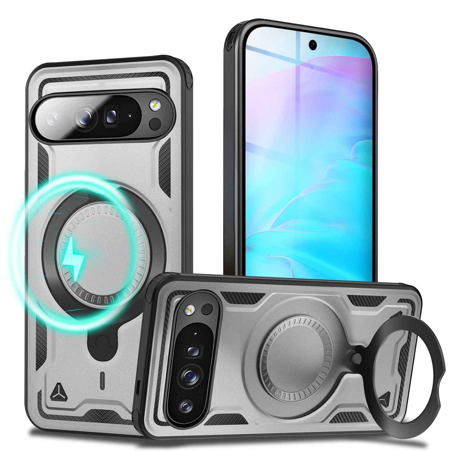 NALIA Stormguard Hülle für Google Pixel 9 Pro XL – Handyhülle für MagSafe, Schlagfeste Schutzhülle mit 360° Ring Ständer, Griffiges Outdoor Cover, Panzer Hardcase