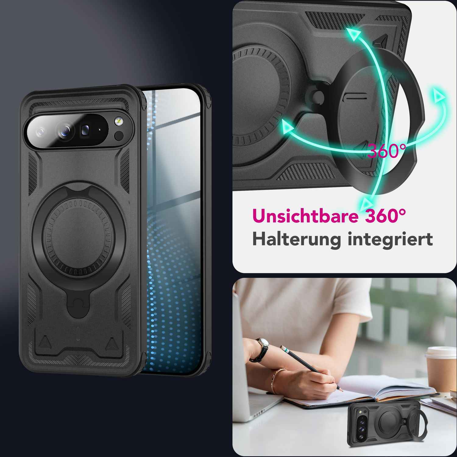 NALIA Stormguard Hülle für Google Pixel 9 Pro XL – Handyhülle für MagSafe, Schlagfeste Schutzhülle mit 360° Ring Ständer, Griffiges Outdoor Cover, Panzer Hardcase