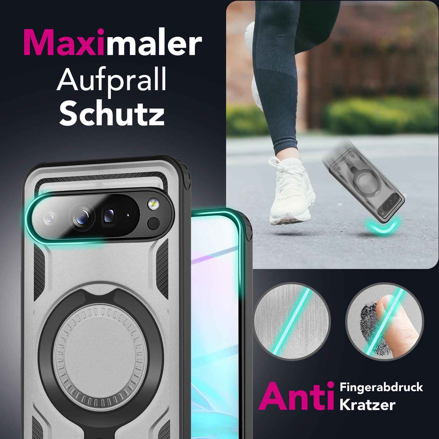 NALIA Stormguard Hülle für Google Pixel 9 Pro XL – Handyhülle für MagSafe, Schlagfeste Schutzhülle mit 360° Ring Ständer, Griffiges Outdoor Cover, Panzer Hardcase
