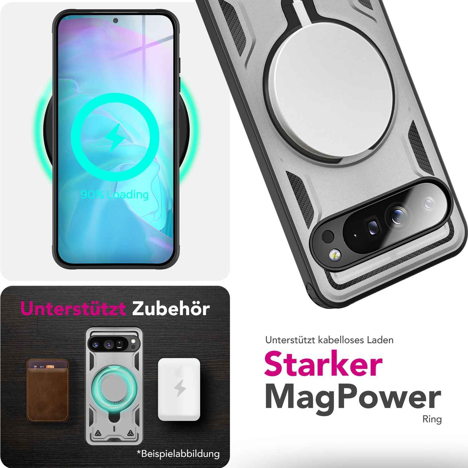 NALIA Stormguard Hülle für Google Pixel 9 Pro XL – Handyhülle für MagSafe, Schlagfeste Schutzhülle mit 360° Ring Ständer, Griffiges Outdoor Cover, Panzer Hardcase