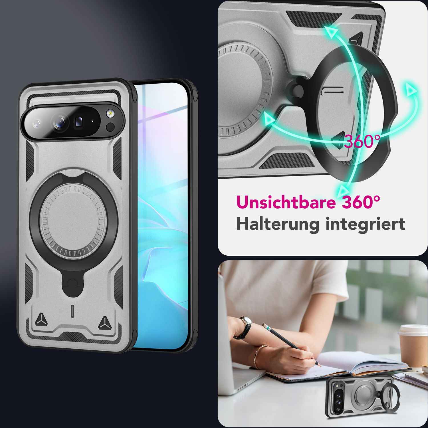 NALIA Stormguard Hülle für Google Pixel 9 Pro XL – Handyhülle für MagSafe, Schlagfeste Schutzhülle mit 360° Ring Ständer, Griffiges Outdoor Cover, Panzer Hardcase