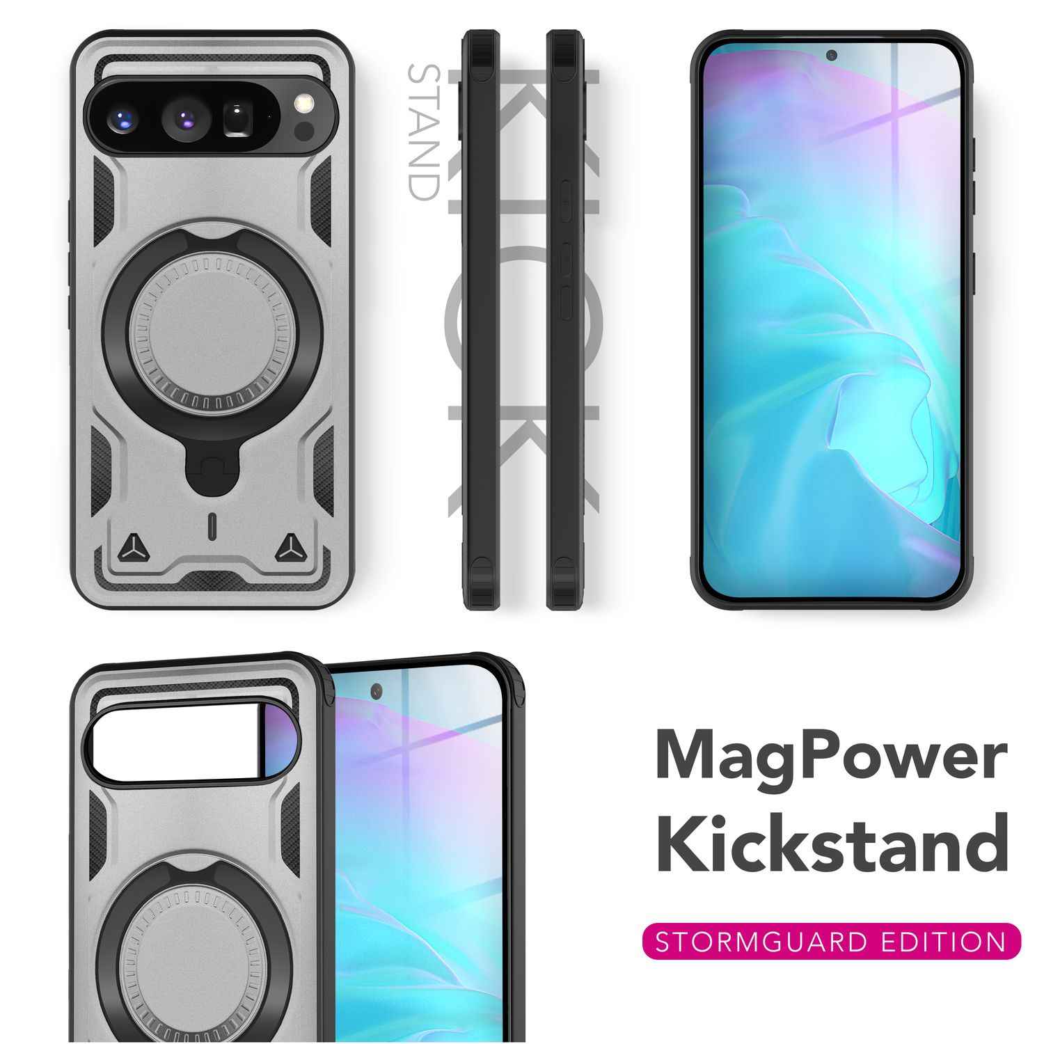 NALIA Stormguard Hülle für Google Pixel 9 Pro XL – Handyhülle für MagSafe, Schlagfeste Schutzhülle mit 360° Ring Ständer, Griffiges Outdoor Cover, Panzer Hardcase