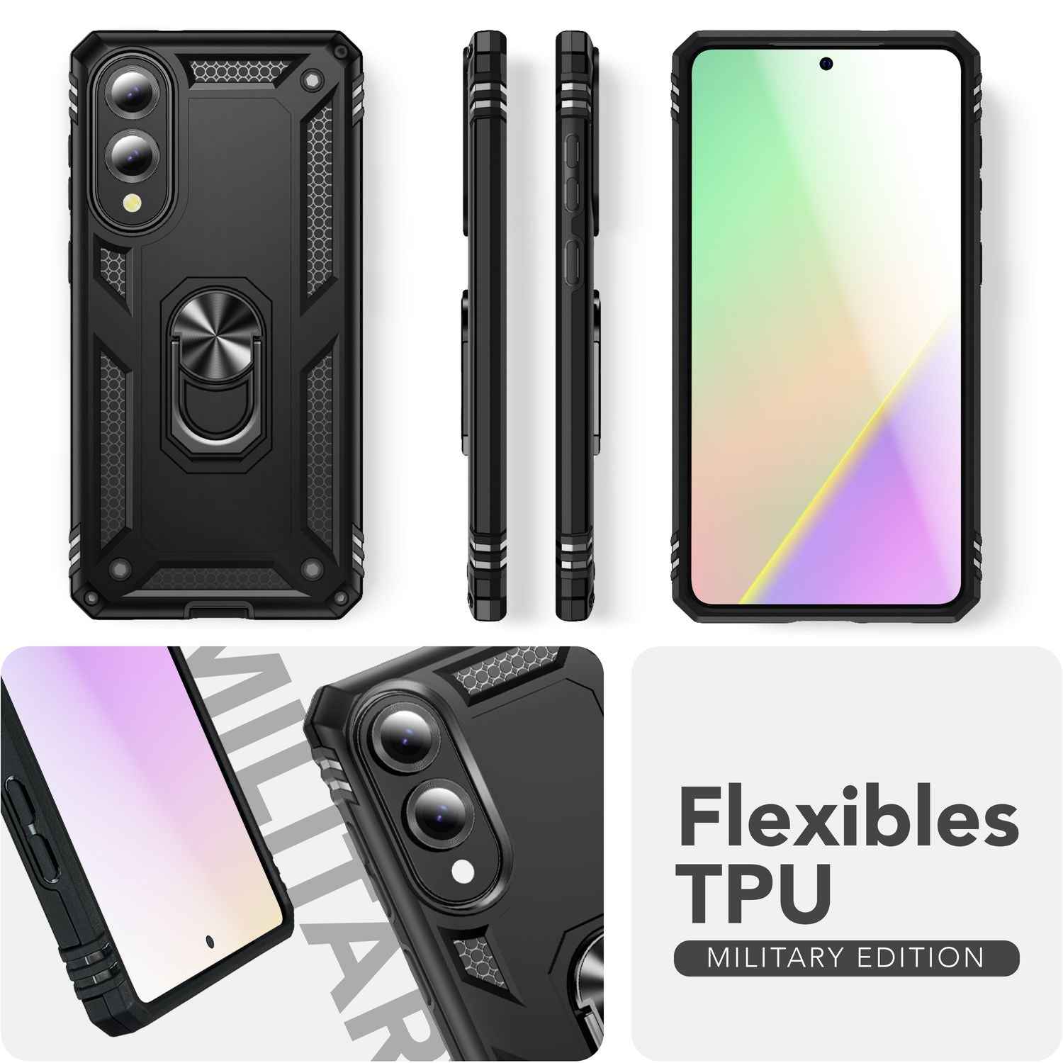 NALIA RingDefend Hülle für Samsung Galaxy S25 Edge – Schwarze Military Style Ringhülle, Stoßfester Fallschutz, 360° Finger-Halter & Ständer, Ultra Robust & Widerstandsfähig