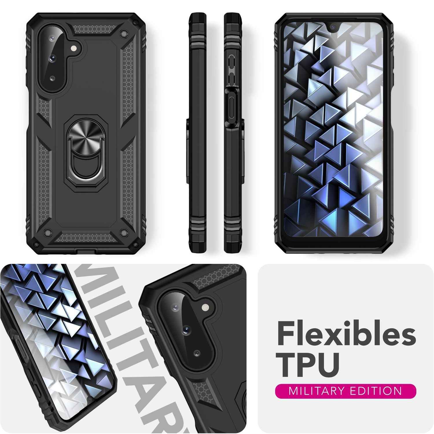 NALIA RingDefend Hülle für Samsung Galaxy A26 – Robuste Panzerhülle mit 360° Drehbarem Metallring, Kickstand & Finger-Halter, Stoßfeste Outdoor Schutzhülle, Rutschfest - Schwarz
