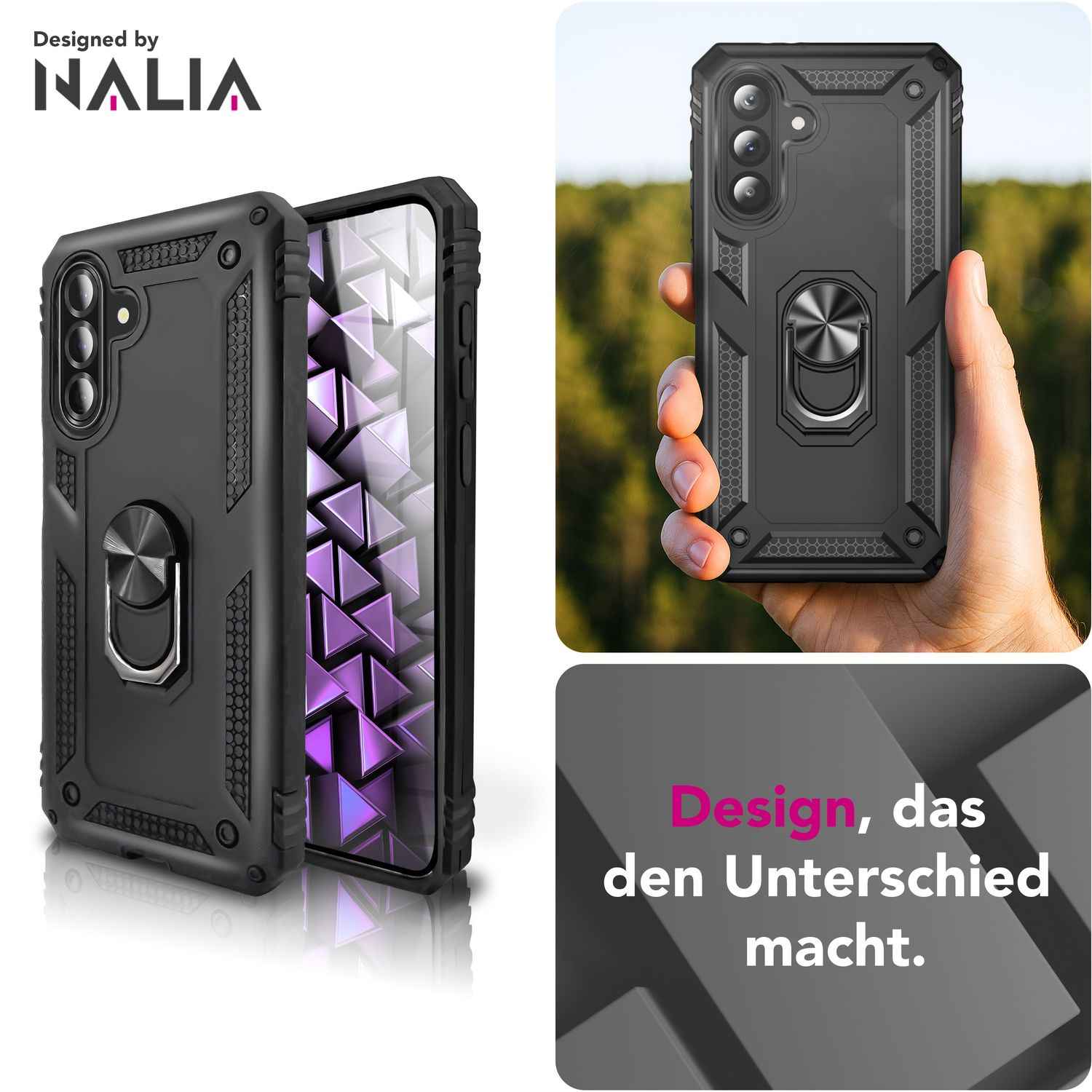 NALIA RingDefend Hülle für Samsung Galaxy A36 – Militärische Panzer Handyhülle mit 360° Metallring & Kickstand, Stoßfestes Armor Cover mit Grip, Outdoor Schutzhülle - Schwarz