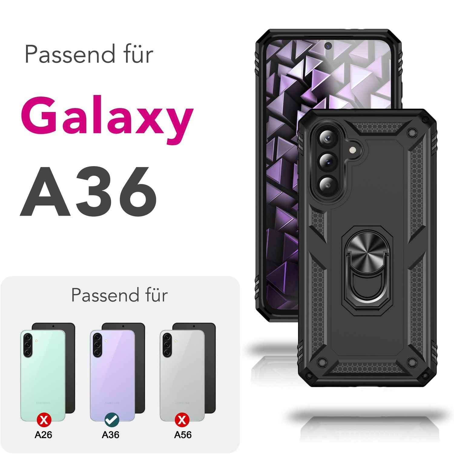 NALIA RingDefend Hülle für Samsung Galaxy A36 – Militärische Panzer Handyhülle mit 360° Metallring & Kickstand, Stoßfestes Armor Cover mit Grip, Outdoor Schutzhülle - Schwarz