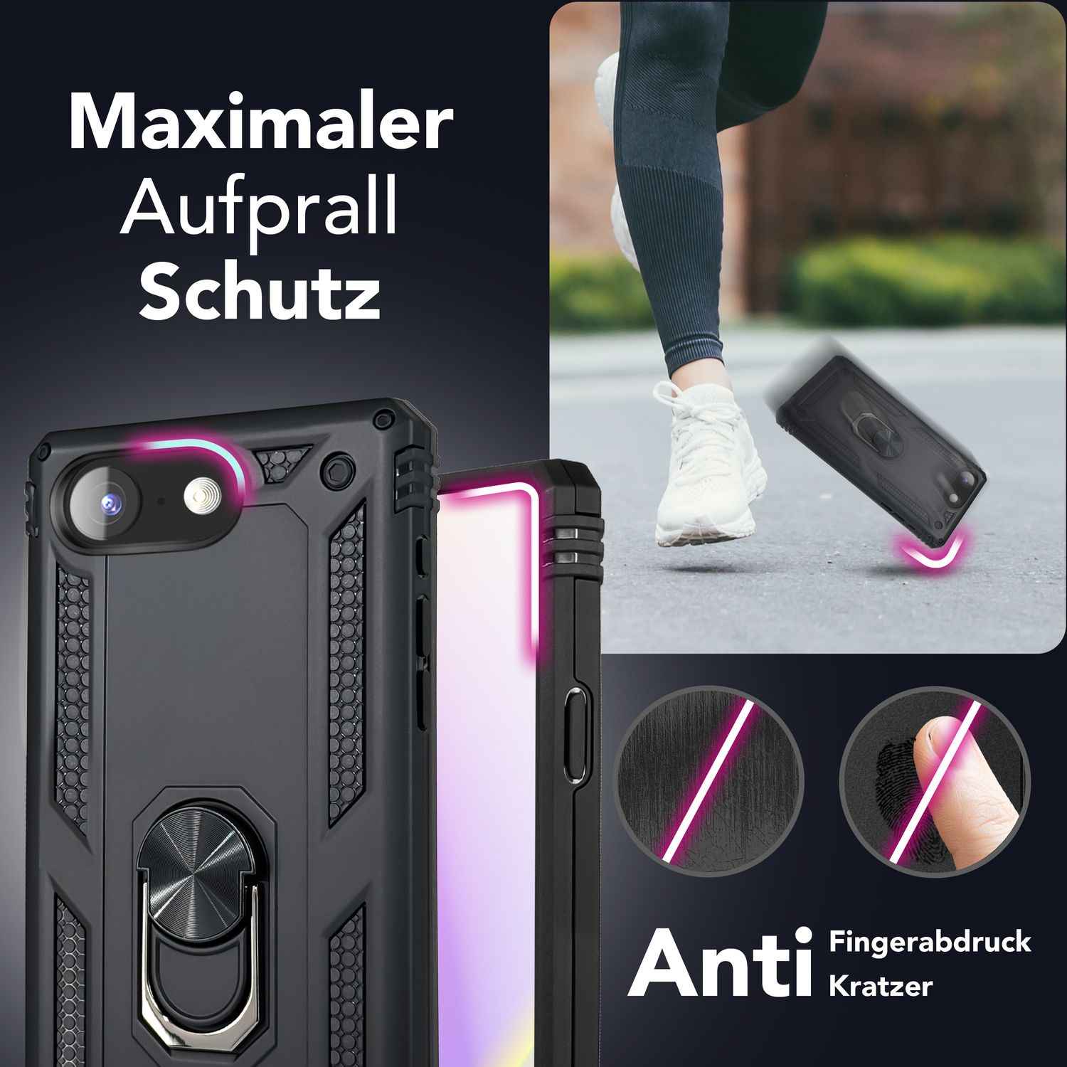 NALIA RingDefend Hülle für iPhone 16e, Panzerhülle mit 360° Metall-Ring, Standfunktion & Finger-Halter, Rutschfest & Stoßsicher, Kantenschutz, Schwarze Handyhülle im Military Style