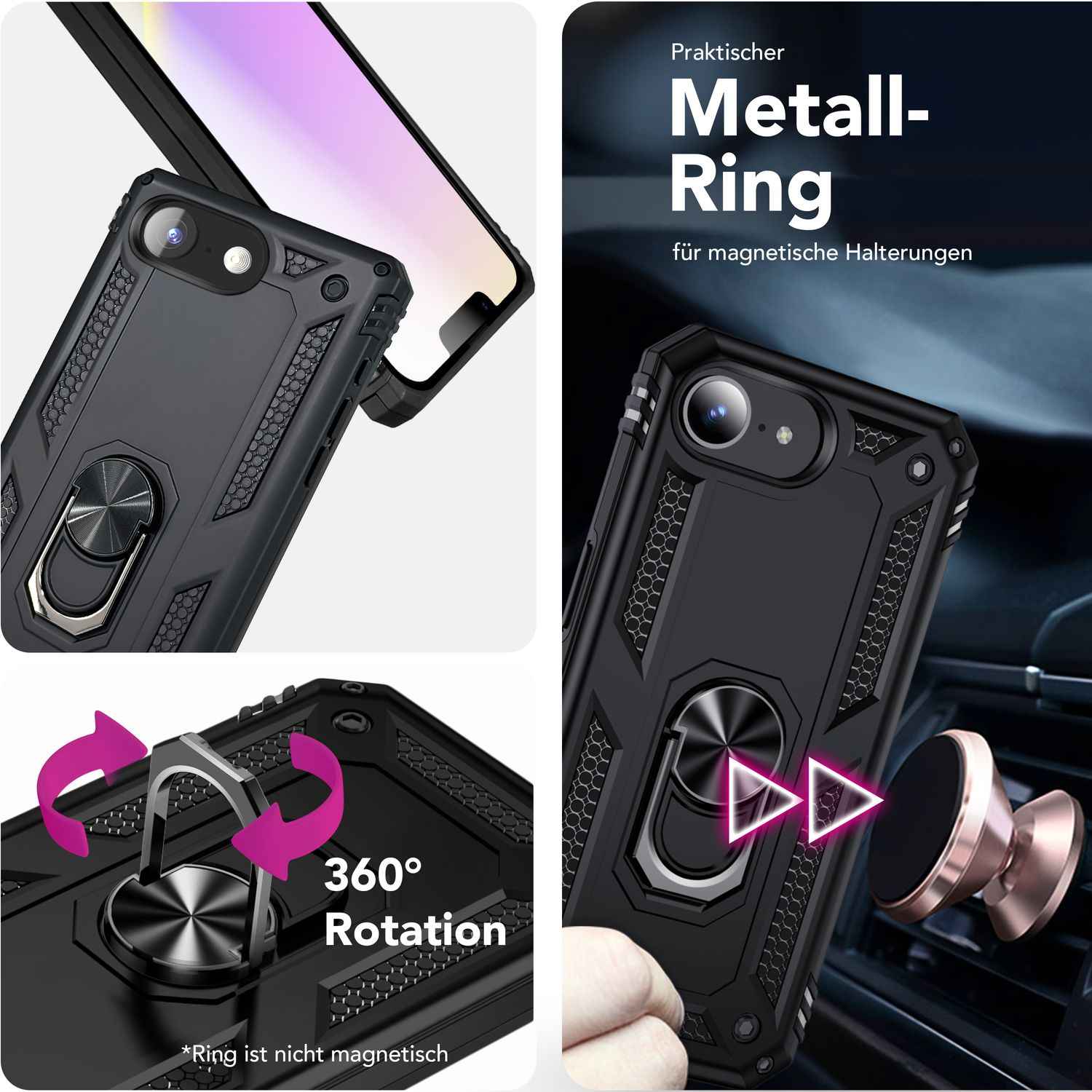 NALIA RingDefend Hülle für iPhone 16e, Panzerhülle mit 360° Metall-Ring, Standfunktion & Finger-Halter, Rutschfest & Stoßsicher, Kantenschutz, Schwarze Handyhülle im Military Style