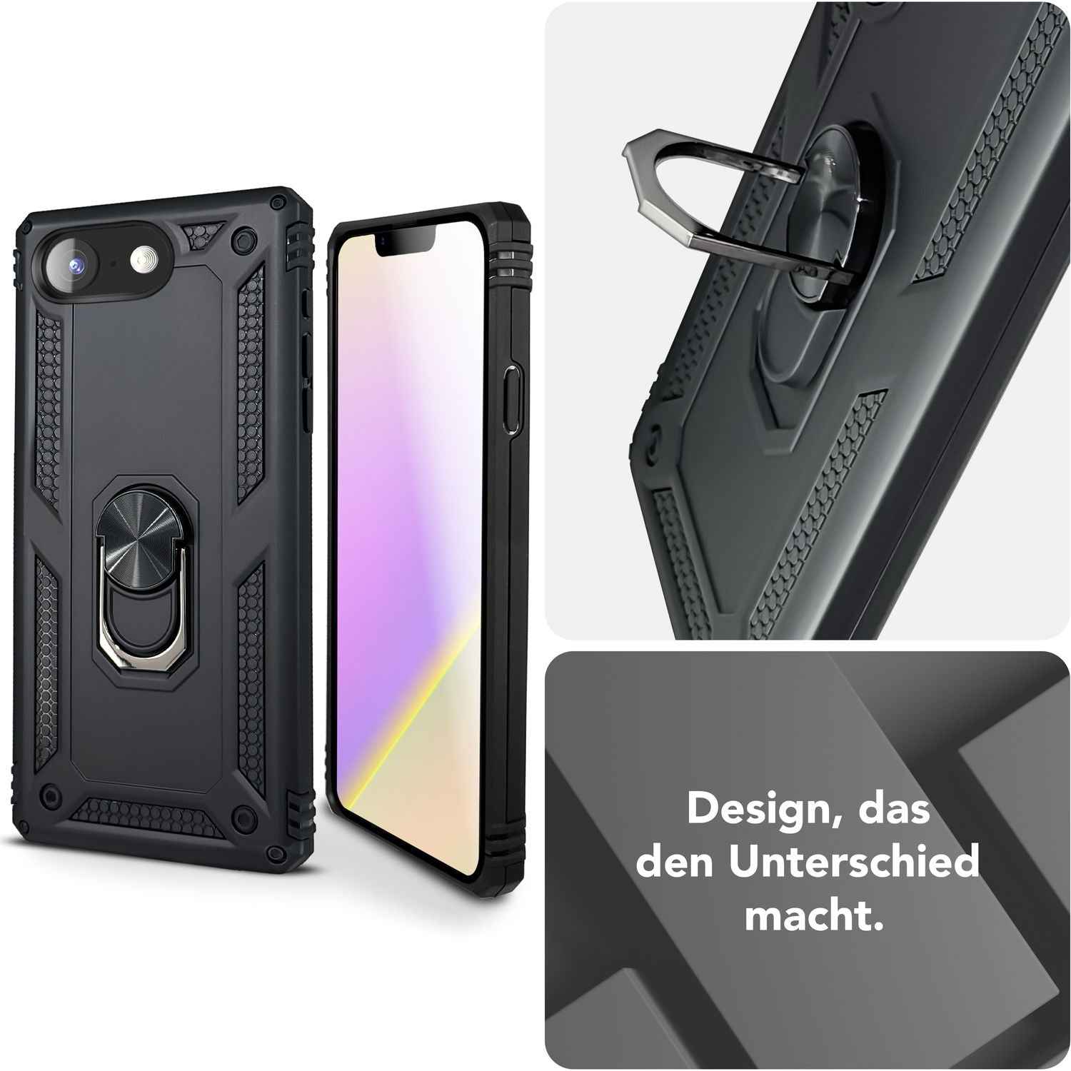 NALIA RingDefend Hülle für iPhone 16e, Panzerhülle mit 360° Metall-Ring, Standfunktion & Finger-Halter, Rutschfest & Stoßsicher, Kantenschutz, Schwarze Handyhülle im Military Style