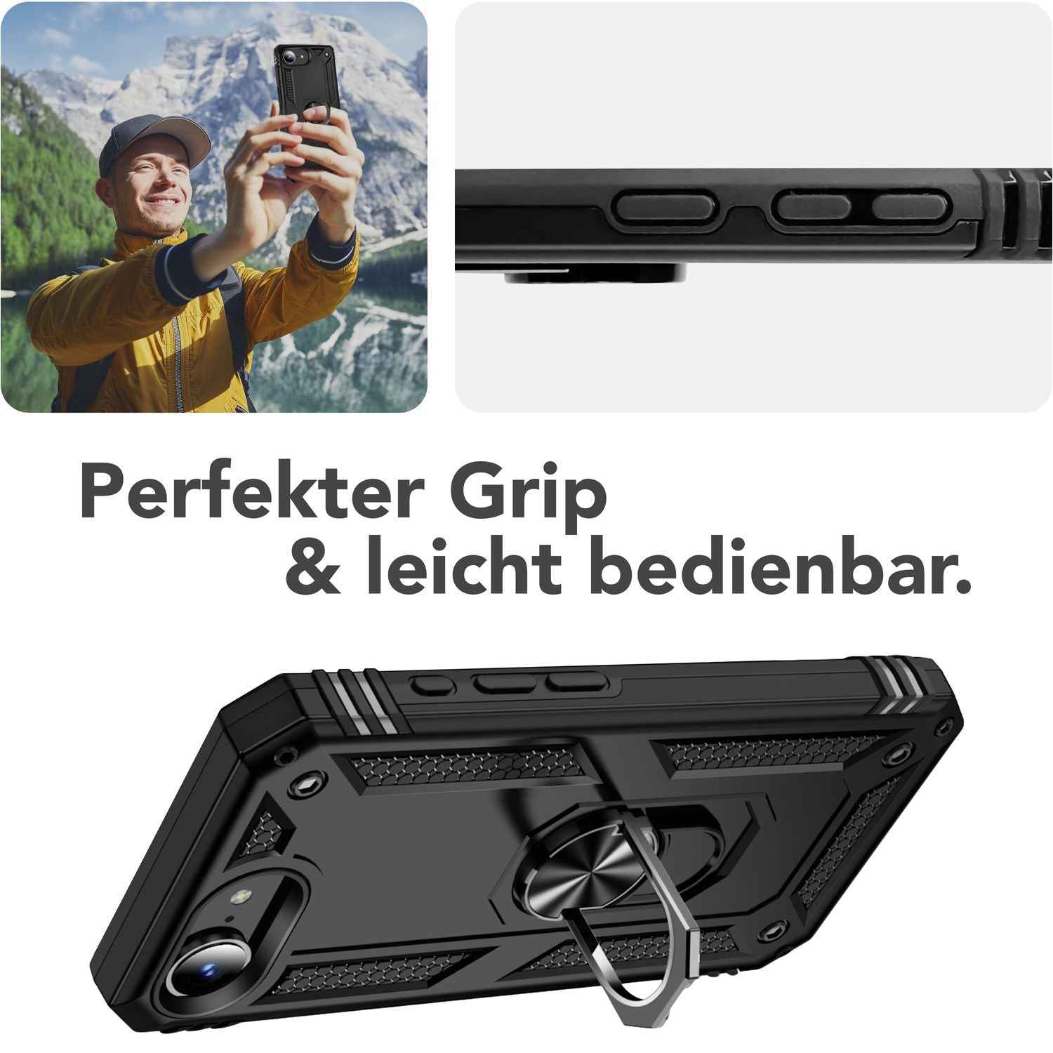 NALIA RingDefend Hülle für iPhone 16e, Panzerhülle mit 360° Metall-Ring, Standfunktion & Finger-Halter, Rutschfest & Stoßsicher, Kantenschutz, Schwarze Handyhülle im Military Style