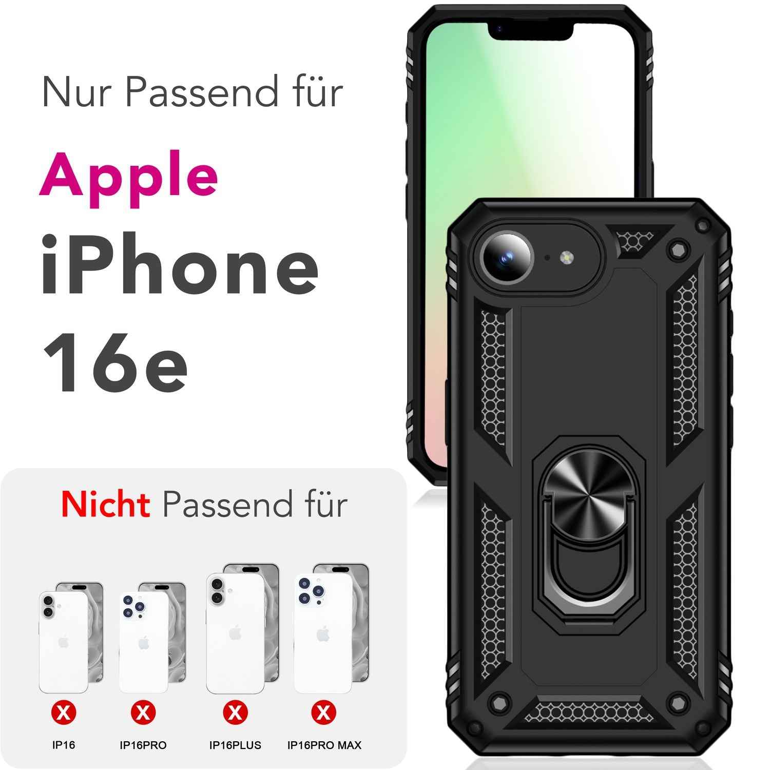 NALIA RingDefend Hülle für iPhone 16e, Panzerhülle mit 360° Metall-Ring, Standfunktion & Finger-Halter, Rutschfest & Stoßsicher, Kantenschutz, Schwarze Handyhülle im Military Style