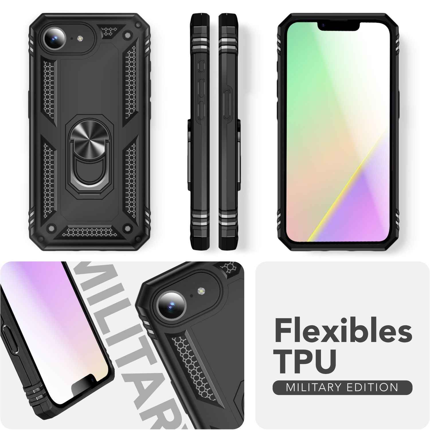 NALIA RingDefend Hülle für iPhone 16e, Panzerhülle mit 360° Metall-Ring, Standfunktion & Finger-Halter, Rutschfest & Stoßsicher, Kantenschutz, Schwarze Handyhülle im Military Style