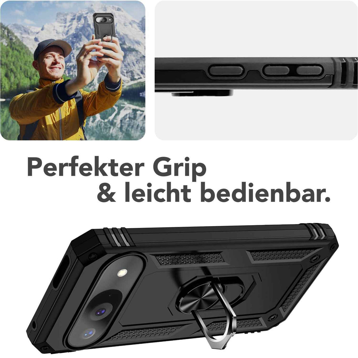 NALIA RingDefend Hülle für Google Pixel 9 – Taktische Handyhülle mit 360° Metall-Ringhalter, Rutschfestes Dual-Layer Case, Kickstand Hardcover mit Kantenschutz & Grip - Schwarz