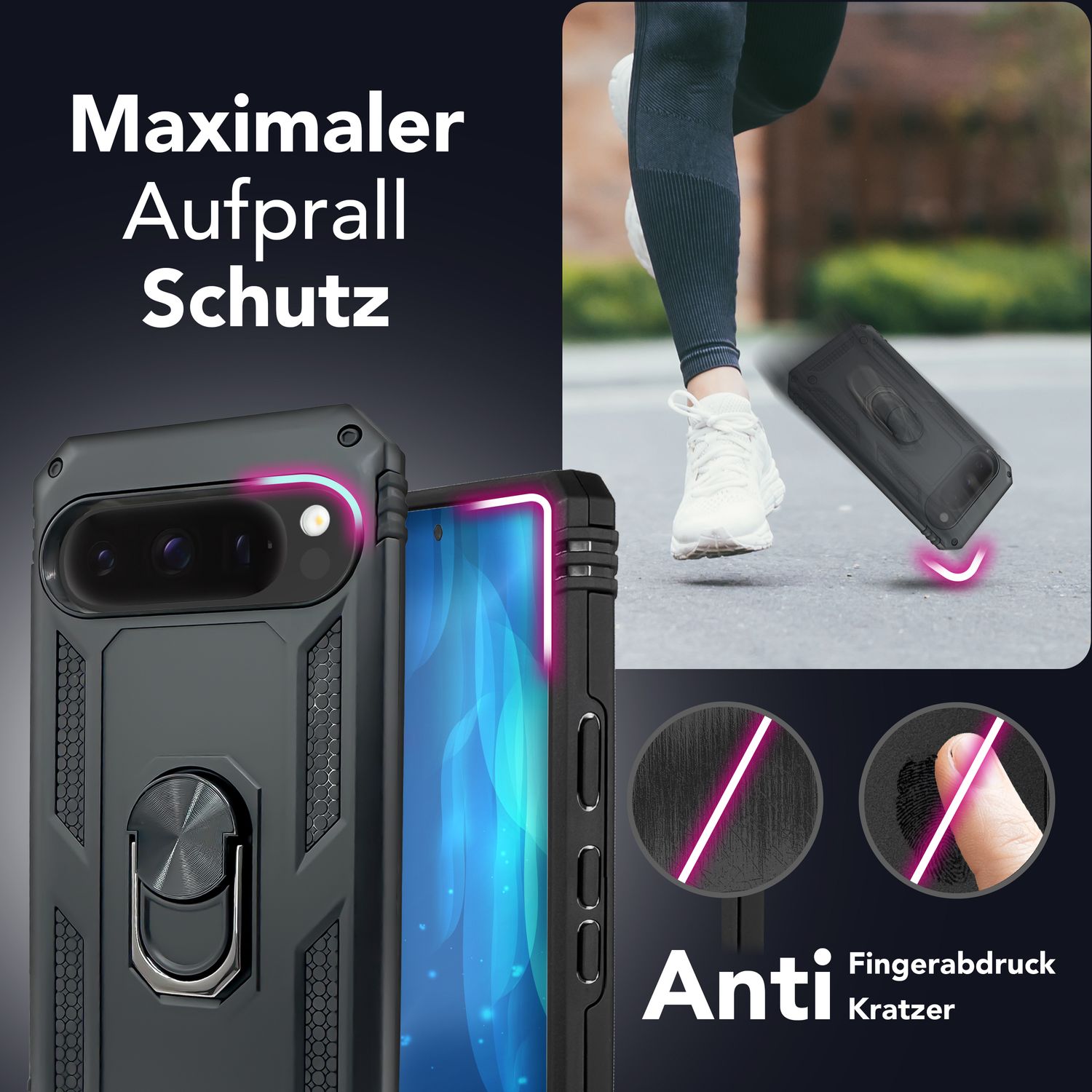 NALIA RingDefend Hülle für Google Pixel 9 Pro XL, schwarz, mit 360° Metallring und Finger-Halter