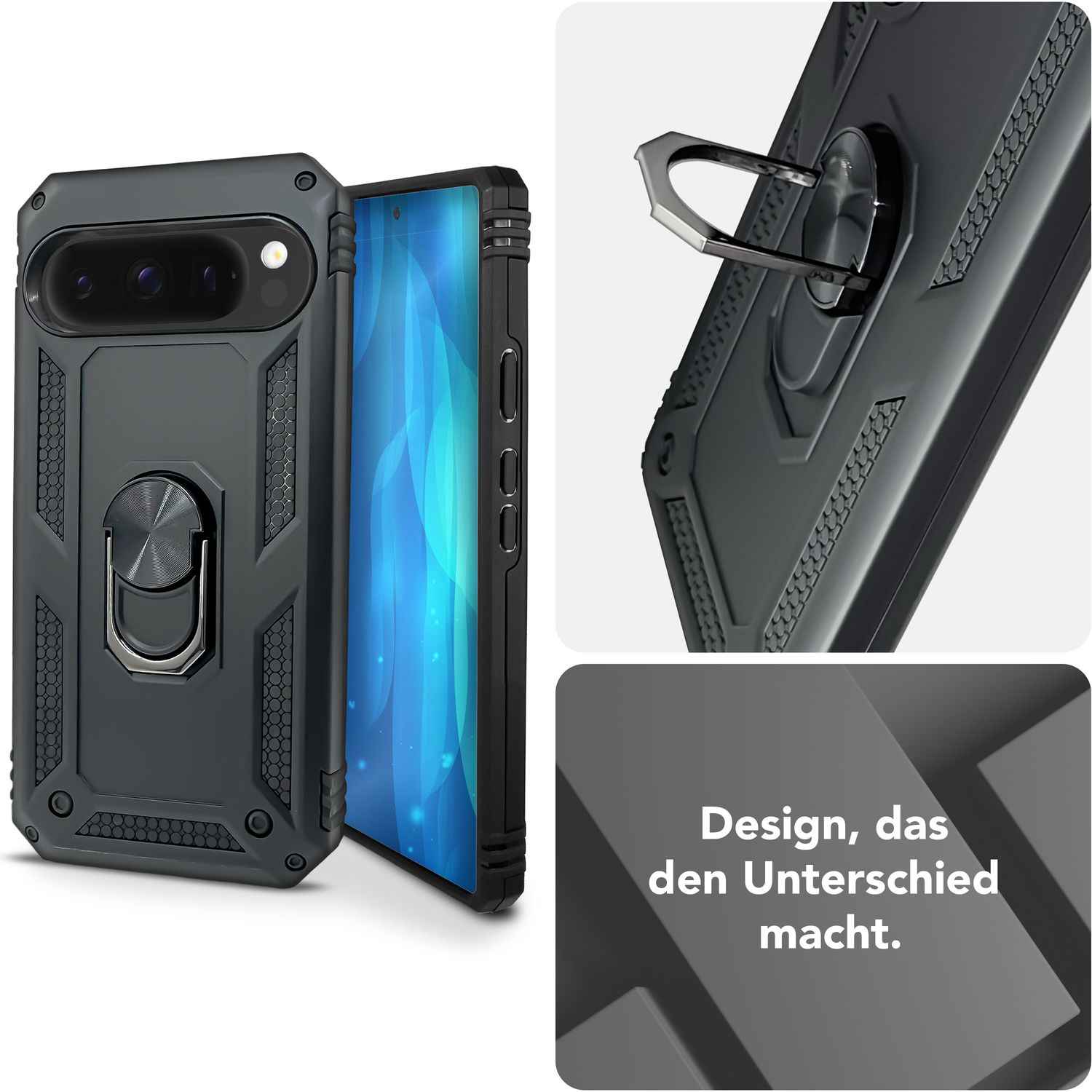 NALIA RingDefend Hülle für Google Pixel 9 Pro XL – Stoßfeste Panzerhülle mit 360° Metallring, Kickstand & Finger-Halter, Robustes Armor Case mit Grip, Militär Schutzhülle - Schwarz