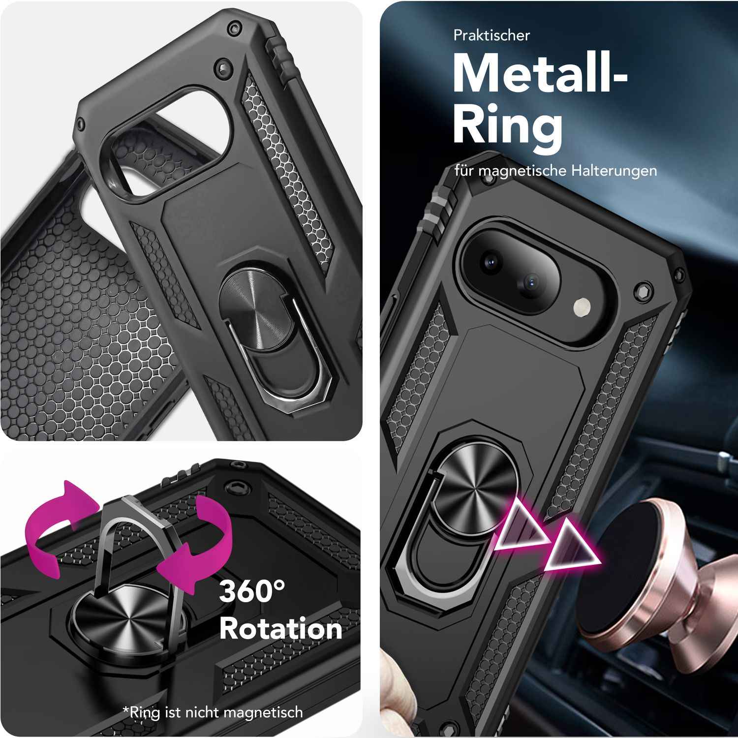 NALIA RingDefend Hülle für Google Pixel 9a – Militärtaugliches Outdoor Case mit 360° Ringhalter & Kickstand, Anti-Rutsch Armor Cover, Stoßfeste Handy-Schale, Panzerhülle - Schwarz