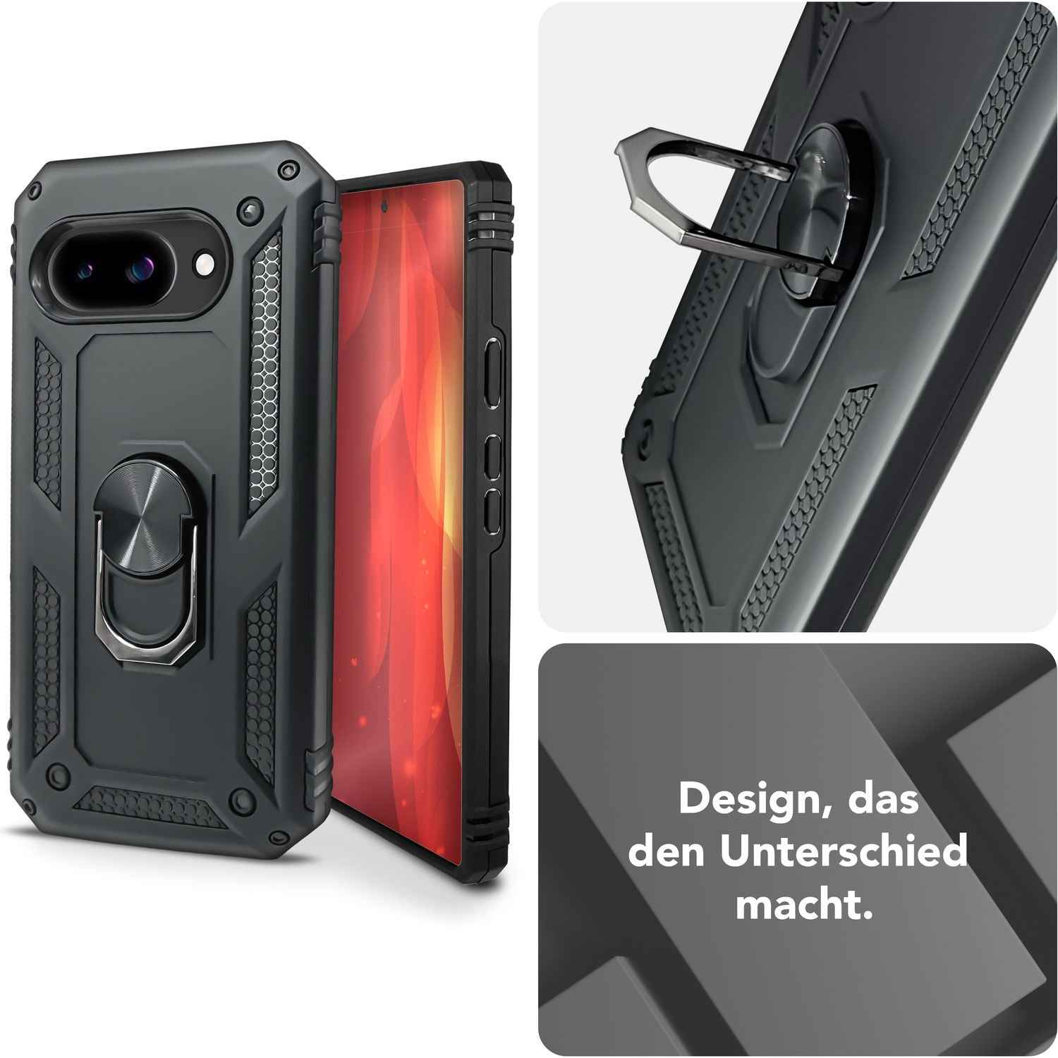 NALIA RingDefend Hülle für Google Pixel 9a – Militärtaugliches Outdoor Case mit 360° Ringhalter & Kickstand, Anti-Rutsch Armor Cover, Stoßfeste Handy-Schale, Panzerhülle - Schwarz