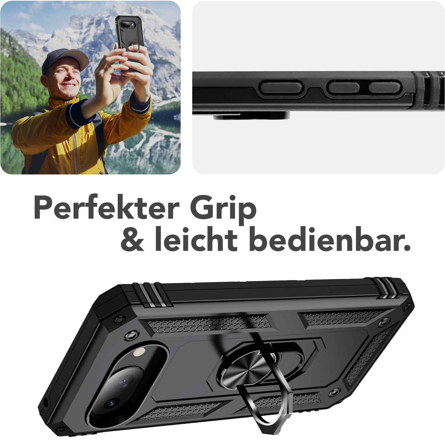 NALIA RingDefend Hülle für Google Pixel 9a – Militärtaugliches Outdoor Case mit 360° Ringhalter & Kickstand, Anti-Rutsch Armor Cover, Stoßfeste Handy-Schale, Panzerhülle - Schwarz