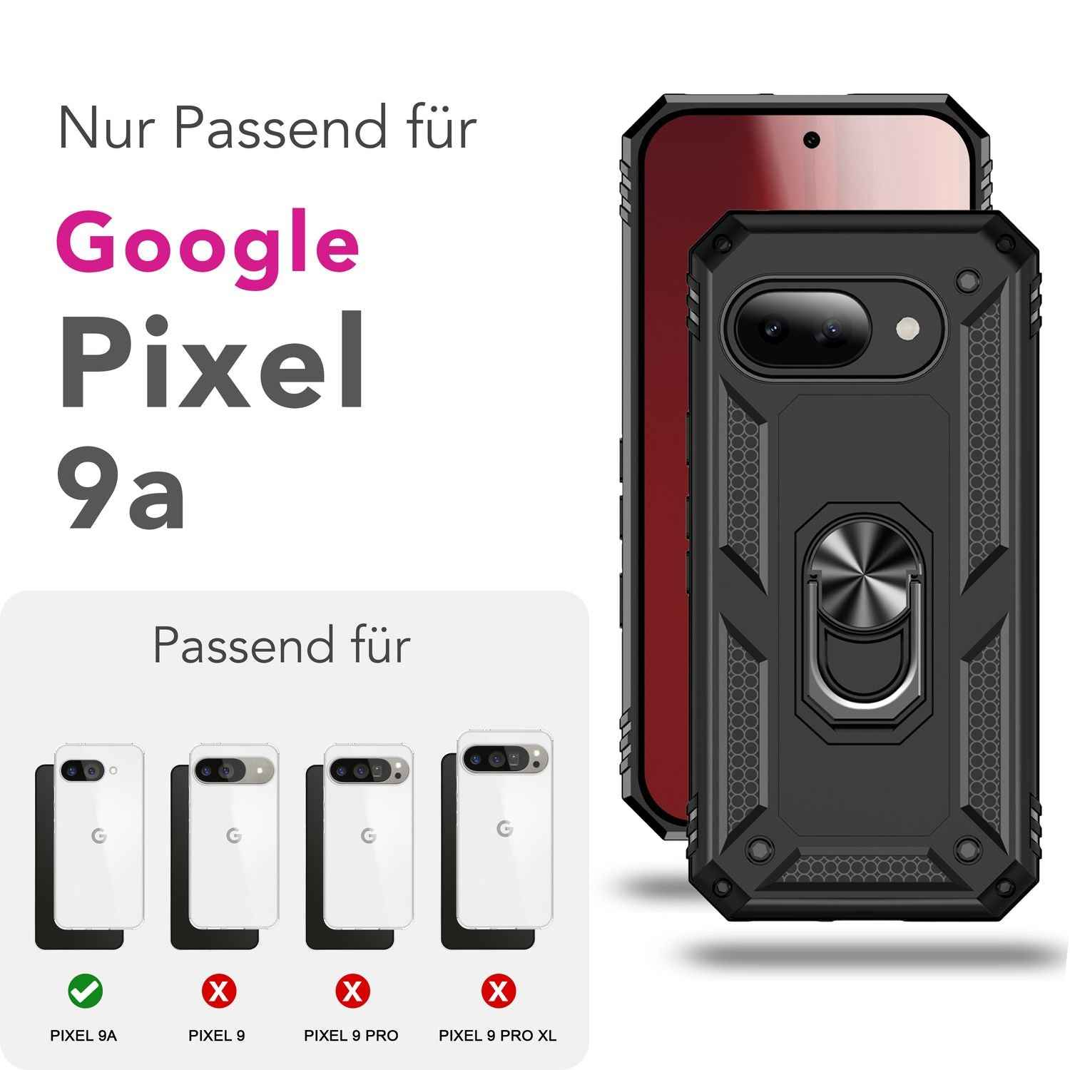 NALIA RingDefend Hülle für Google Pixel 9a – Militärtaugliches Outdoor Case mit 360° Ringhalter & Kickstand, Anti-Rutsch Armor Cover, Stoßfeste Handy-Schale, Panzerhülle - Schwarz