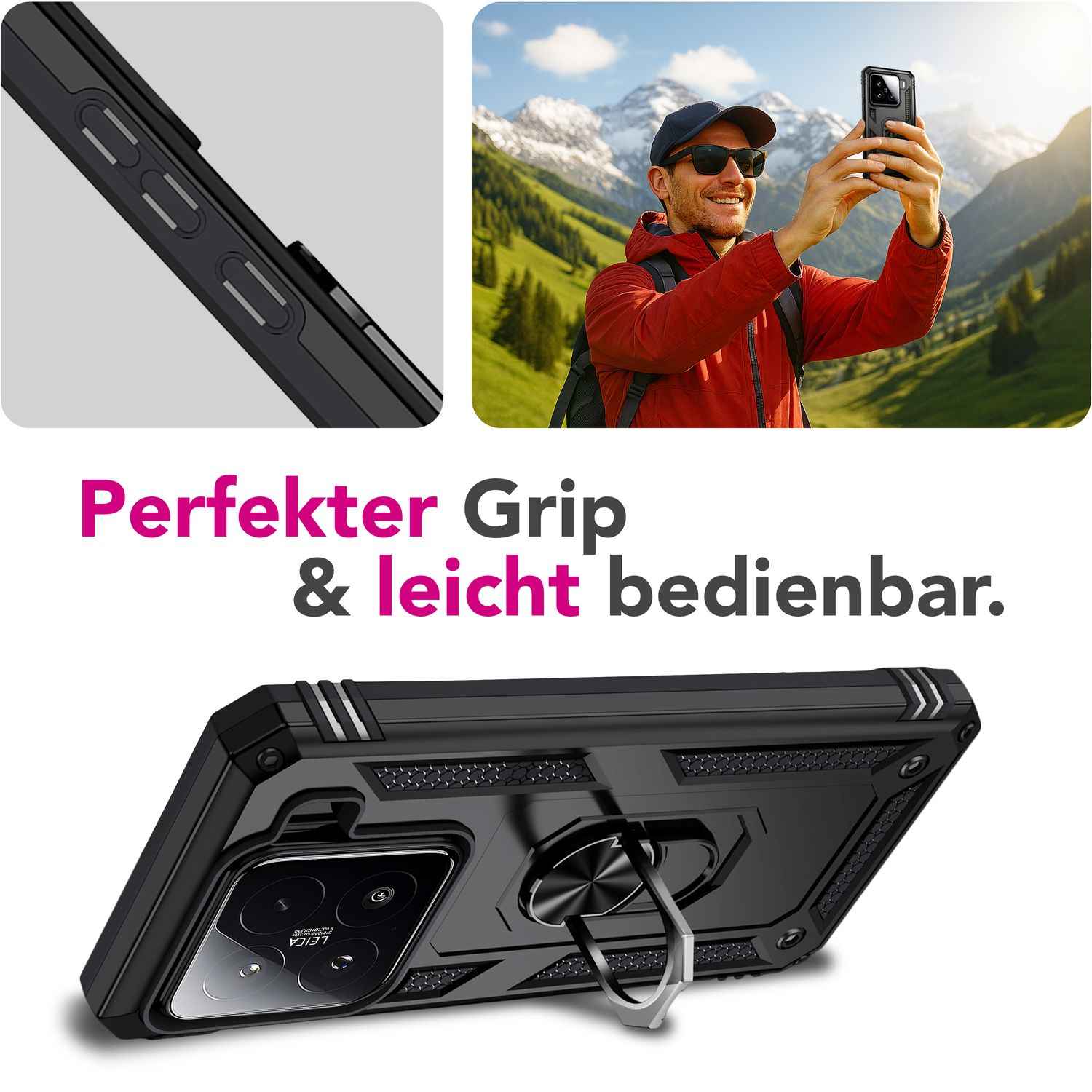 NALIA RingDefend Hülle für Xiaomi 15 – Militärische Panzerhülle mit 360° Metallring & Kickstand, Stoßfestes Dual-Layer Armor Case mit Anti-Rutsch Grip, Outdoor Cover - Schwarz