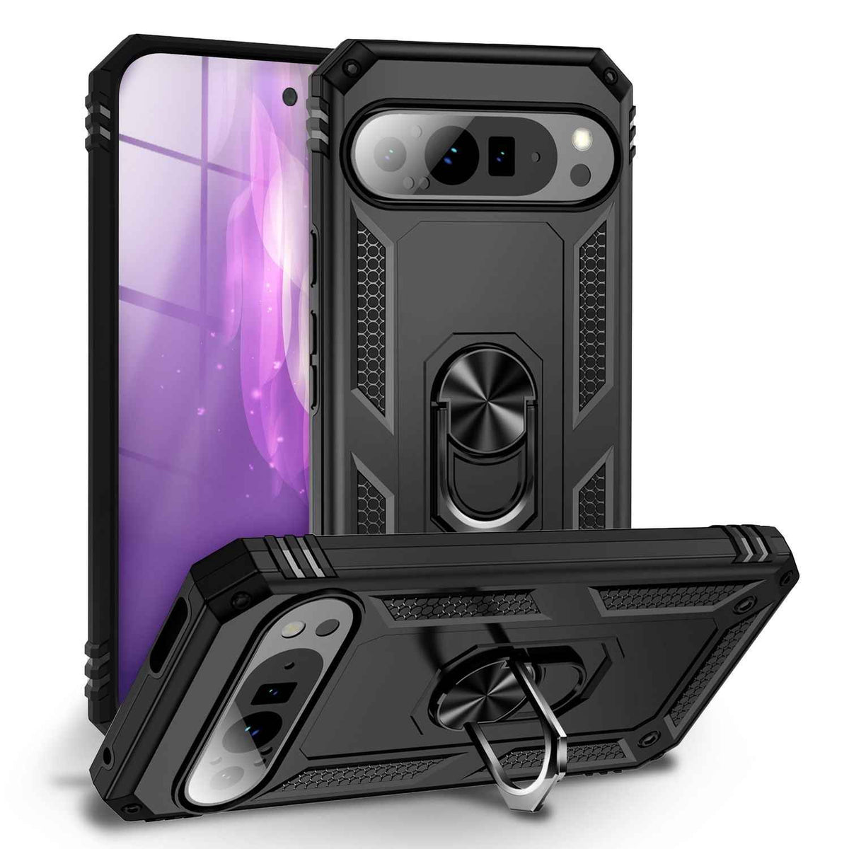 NALIA RingDefend Hülle für Google Pixel 9 Pro – Stoßfeste Handy-Schale mit 360° Finger-Halter & Kickstand, Military Style Armor Case mit Aufprallschutz, Panzer Handyhülle - Schwarz