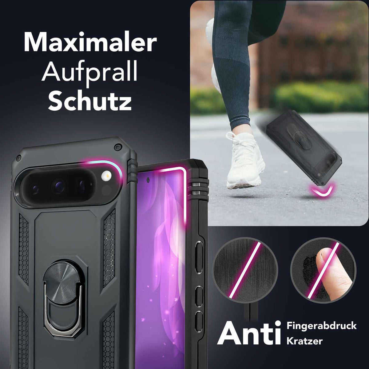 NALIA RingDefend Hülle für Google Pixel 9 Pro – Stoßfeste Handy-Schale mit 360° Finger-Halter & Kickstand, Military Style Armor Case mit Aufprallschutz, Panzer Handyhülle - Schwarz