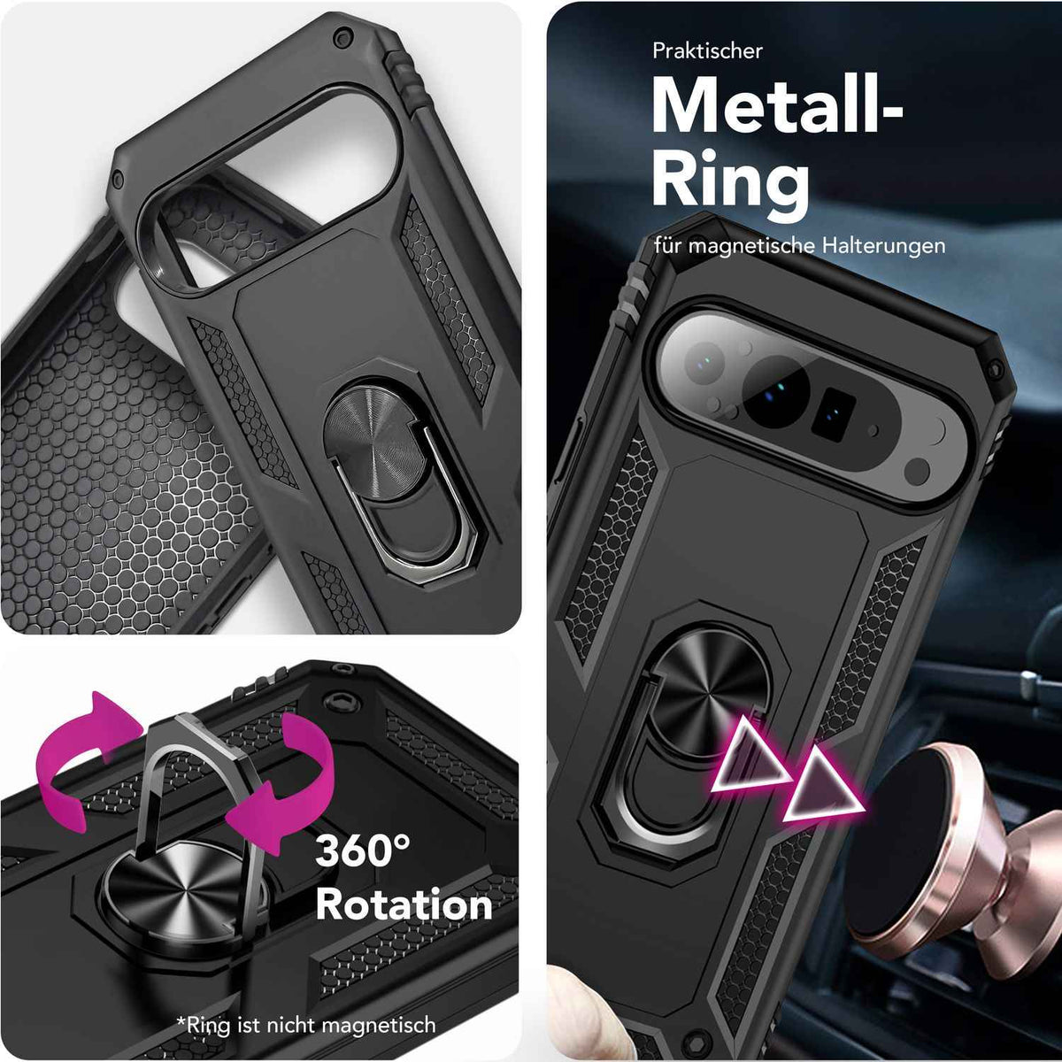 NALIA RingDefend Hülle für Google Pixel 9 Pro – Stoßfeste Handy-Schale mit 360° Finger-Halter & Kickstand, Military Style Armor Case mit Aufprallschutz, Panzer Handyhülle - Schwarz