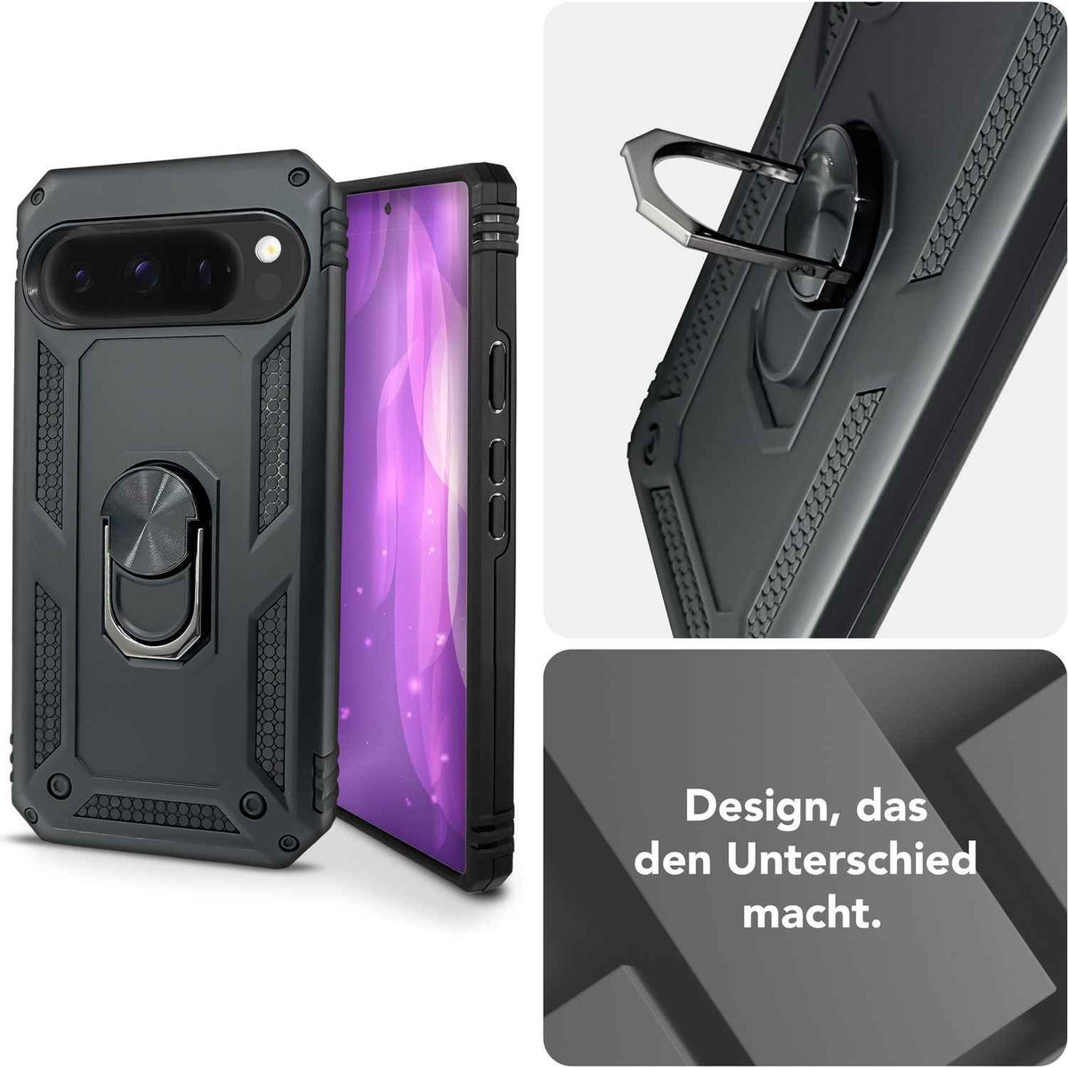 NALIA RingDefend Hülle für Google Pixel 9 Pro – Stoßfeste Handy-Schale mit 360° Finger-Halter & Kickstand, Military Style Armor Case mit Aufprallschutz, Panzer Handyhülle - Schwarz