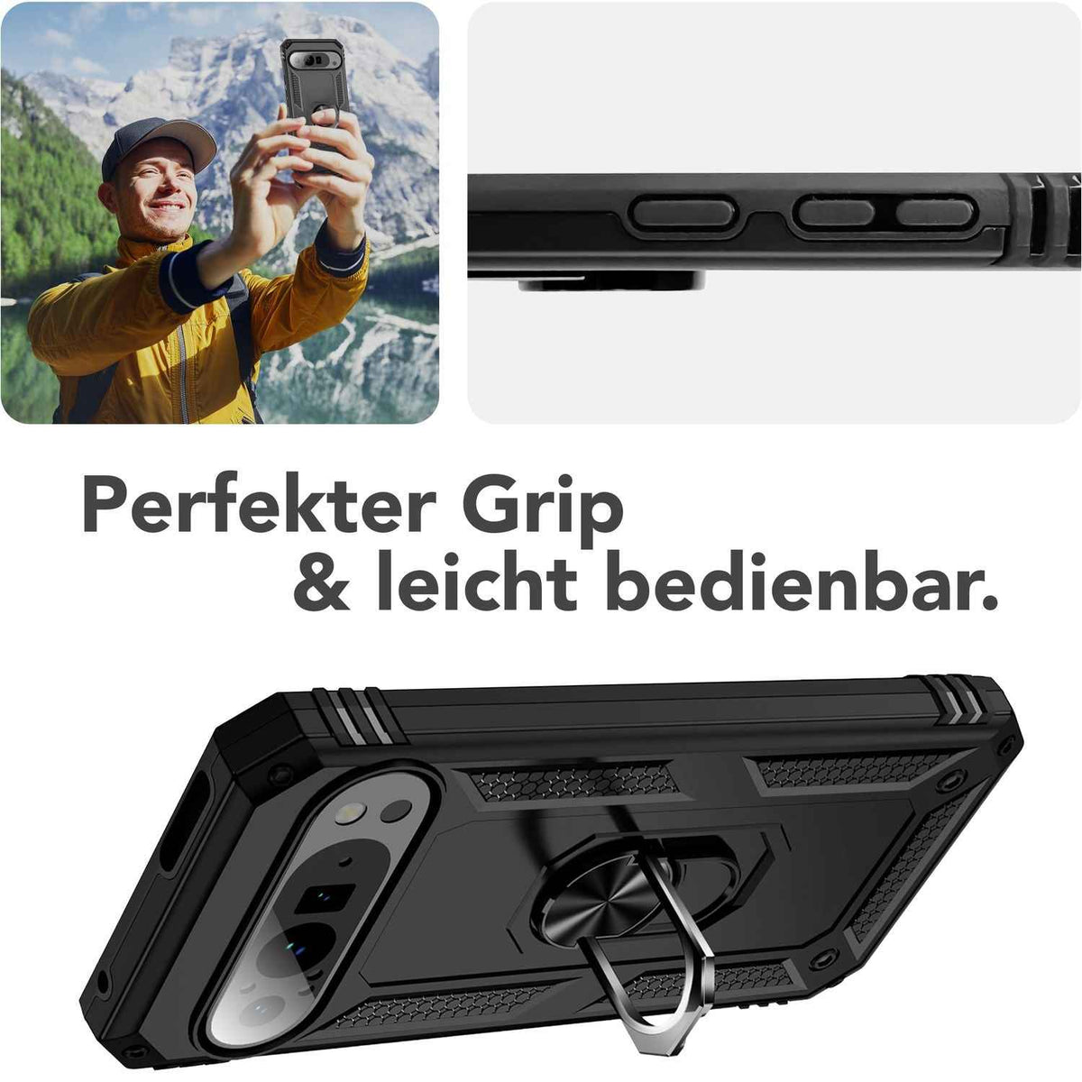 NALIA RingDefend Hülle für Google Pixel 9 Pro – Stoßfeste Handy-Schale mit 360° Finger-Halter & Kickstand, Military Style Armor Case mit Aufprallschutz, Panzer Handyhülle - Schwarz