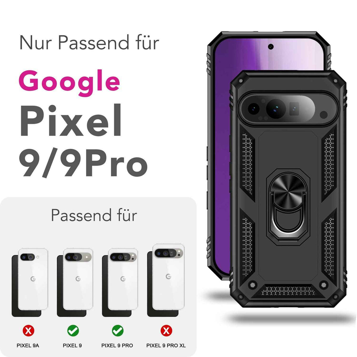 NALIA RingDefend Hülle für Google Pixel 9 Pro – Stoßfeste Handy-Schale mit 360° Finger-Halter & Kickstand, Military Style Armor Case mit Aufprallschutz, Panzer Handyhülle - Schwarz