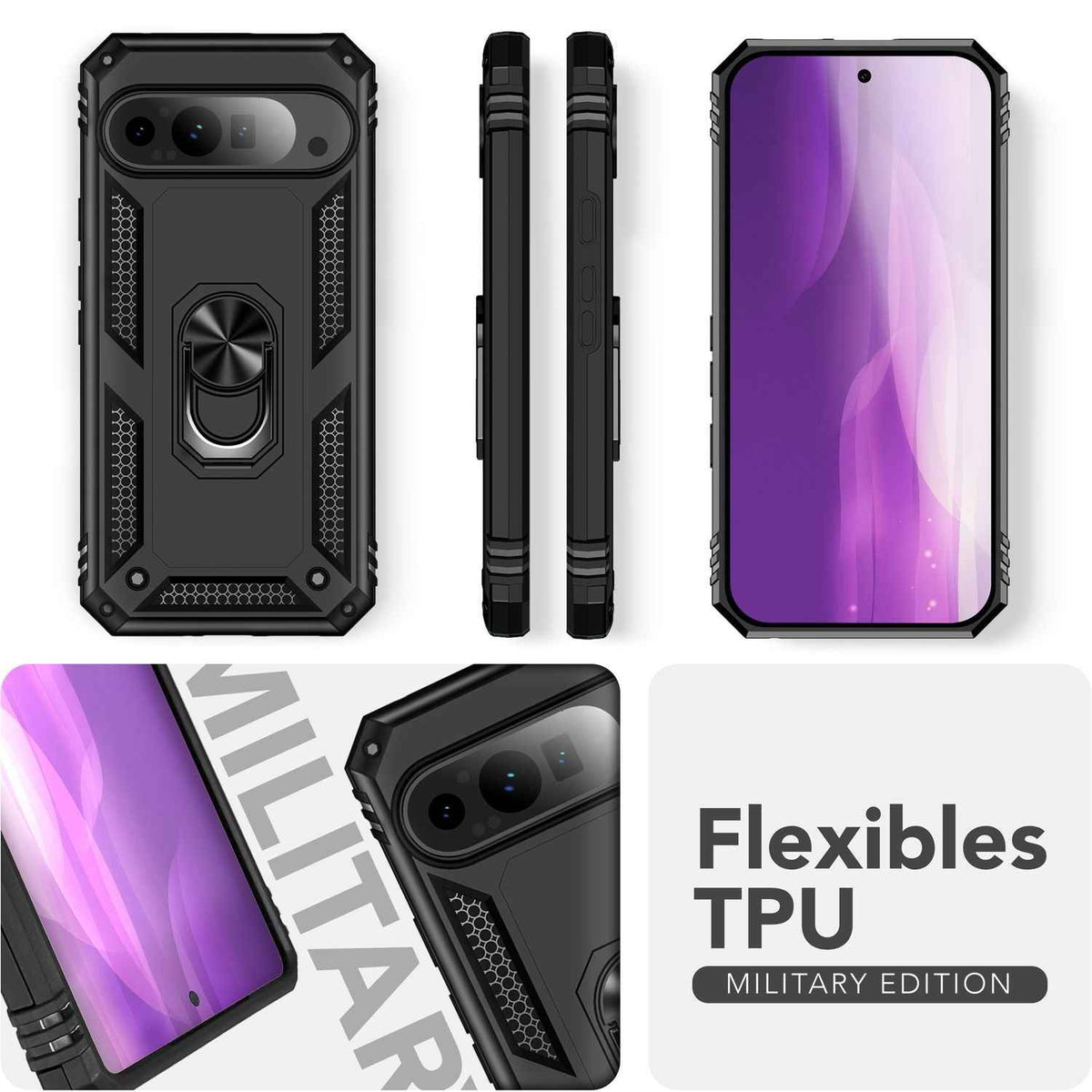 NALIA RingDefend Hülle für Google Pixel 9 Pro – Stoßfeste Handy-Schale mit 360° Finger-Halter & Kickstand, Military Style Armor Case mit Aufprallschutz, Panzer Handyhülle - Schwarz