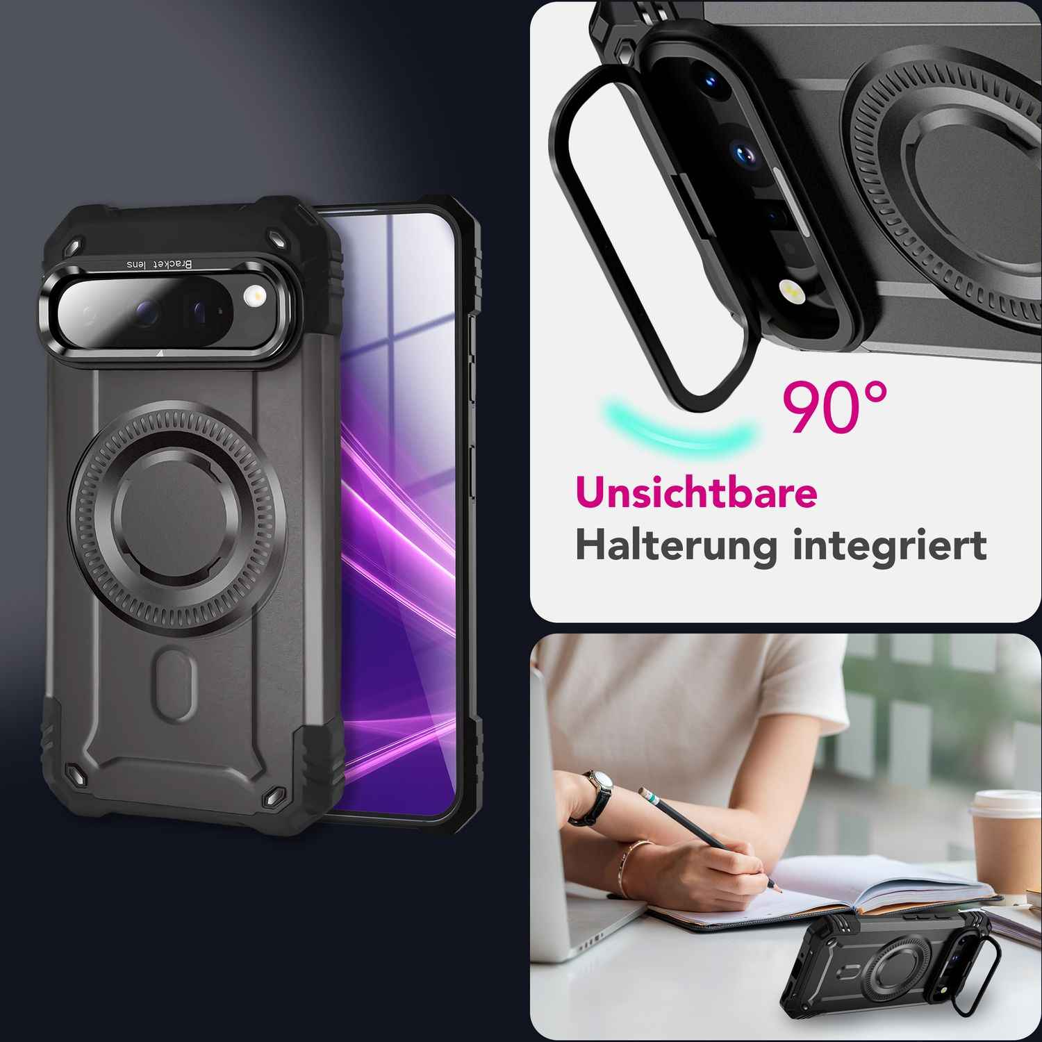 NALIA Granite Hülle für Google Pixel 9 Pro – Handyhülle für MagSafe, Extrem Widerstandsfähige Panzerhülle mit Kickstand, Harte Rückseite & Schutzrahmen gegen Aufprall