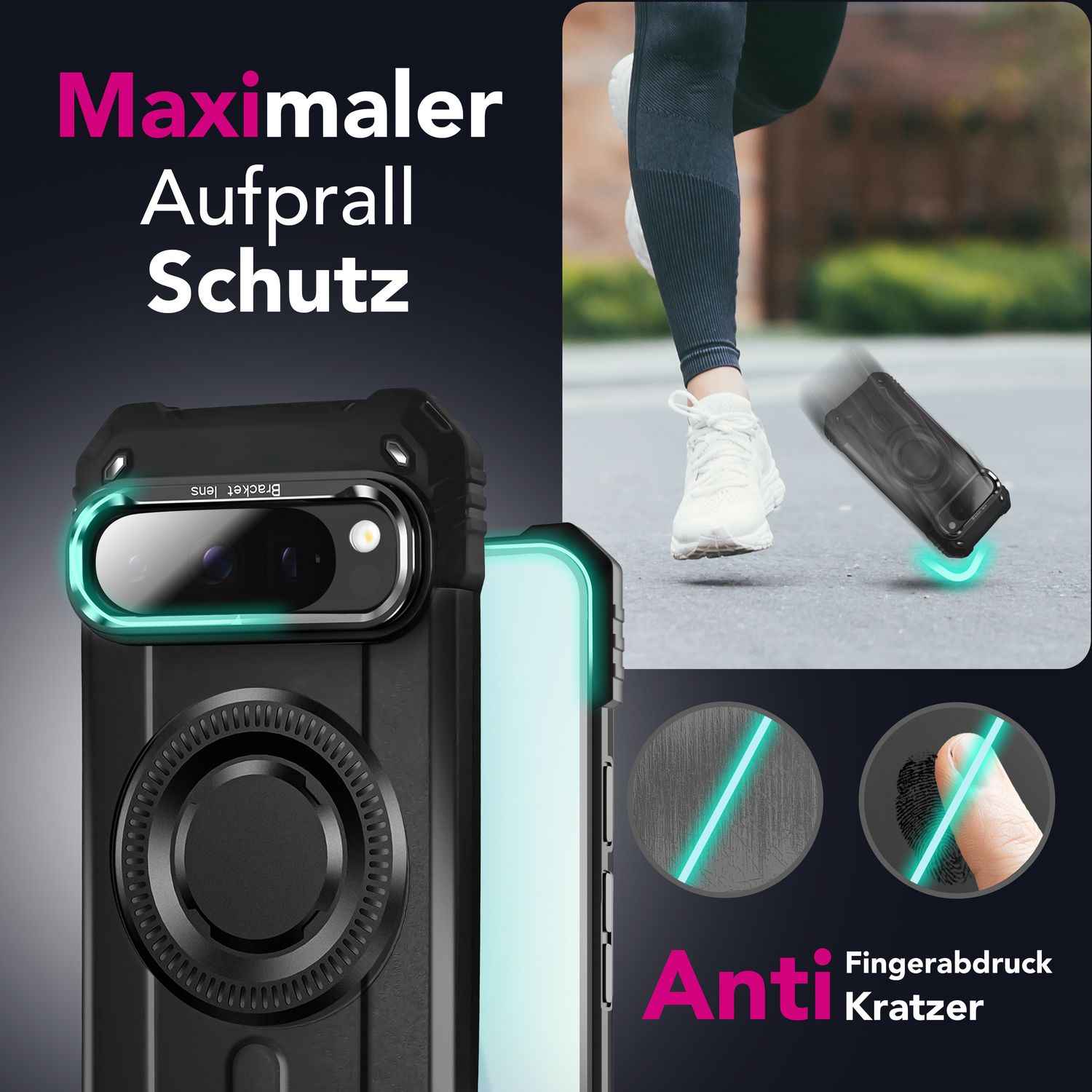 NALIA Granite Hülle für Google Pixel 9 Pro – Handyhülle für MagSafe, Extrem Widerstandsfähige Panzerhülle mit Kickstand, Harte Rückseite & Schutzrahmen gegen Aufprall