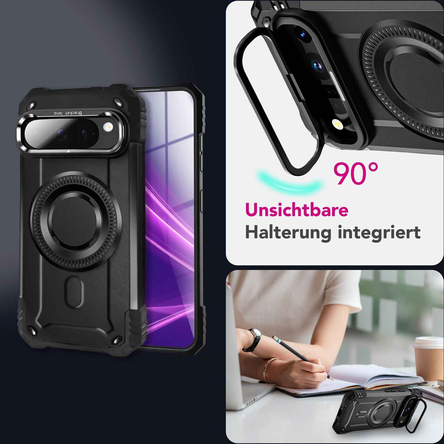 NALIA Granite Hülle für Google Pixel 9 Pro – Handyhülle für MagSafe, Extrem Widerstandsfähige Panzerhülle mit Kickstand, Harte Rückseite & Schutzrahmen gegen Aufprall