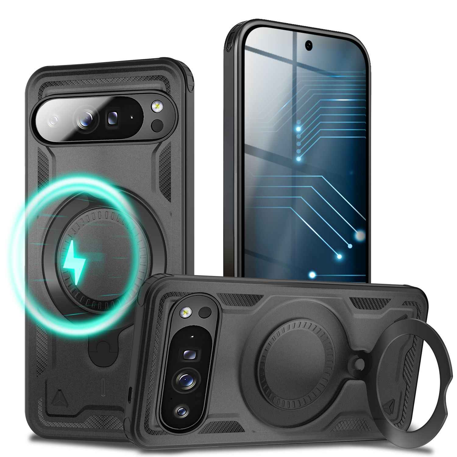 NALIA Stormguard Hülle für Google Pixel 9 Pro – Handyhülle für MagSafe, Shockproof Case mit Stoßschutz, 360° Dreh-Ring, Kickstand & Finger-Halter, Militär Schutzhülle