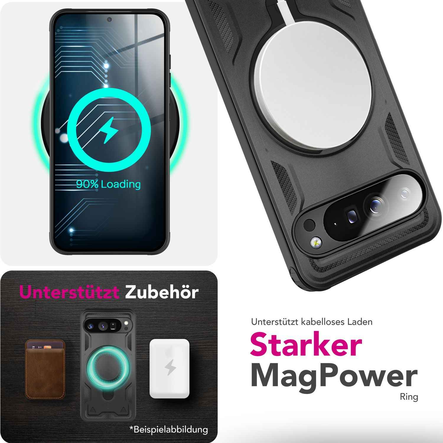 NALIA Stormguard Hülle für Google Pixel 9 Pro – Handyhülle für MagSafe, Shockproof Case mit Stoßschutz, 360° Dreh-Ring, Kickstand & Finger-Halter, Militär Schutzhülle