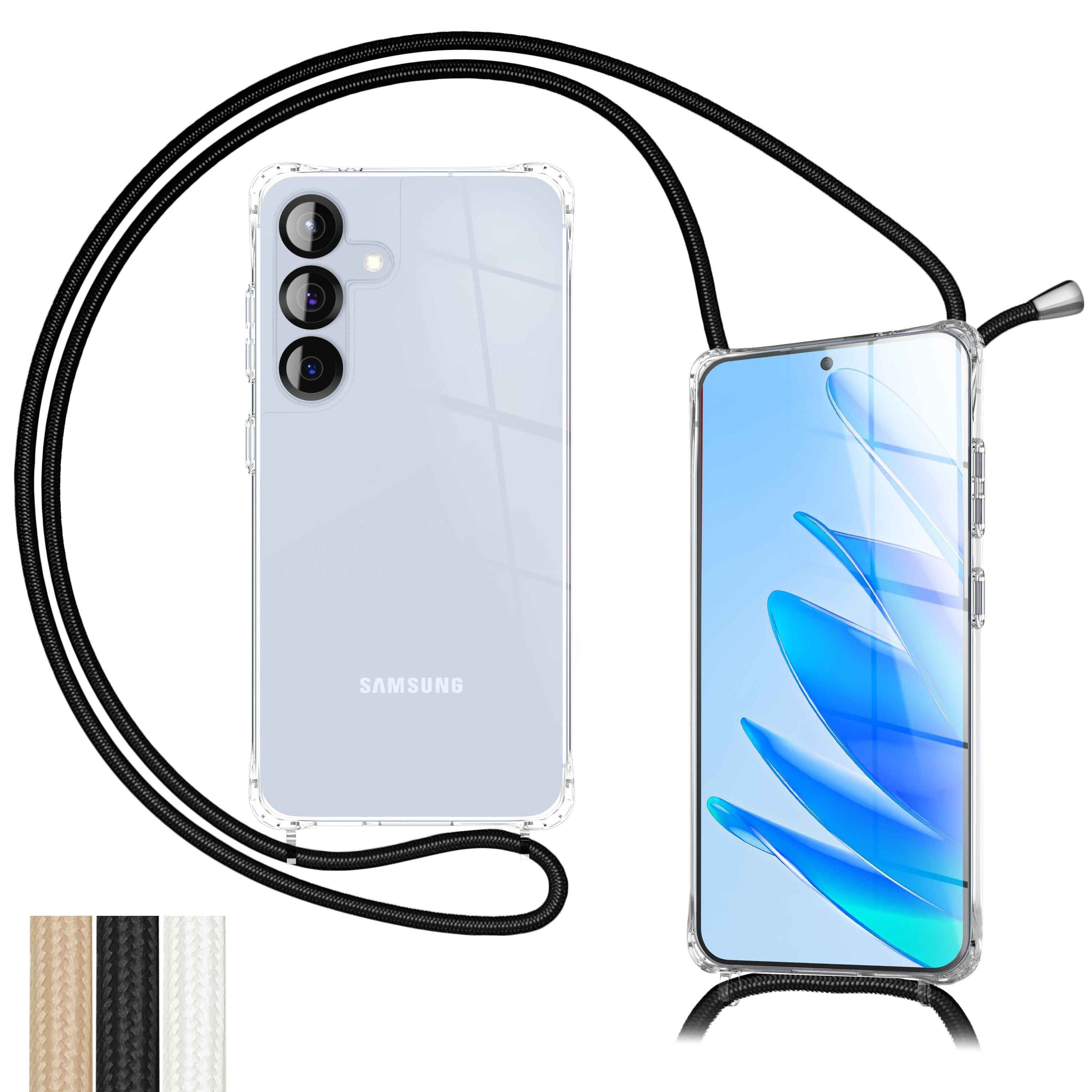 NALIA Hülle Hangit für Samsung Galaxy S25 FE (Umhängehülle) - Transparente Handyhülle mit Band, Kristallklar & Anti-Gelb, Verstellbare 160cm Handykette