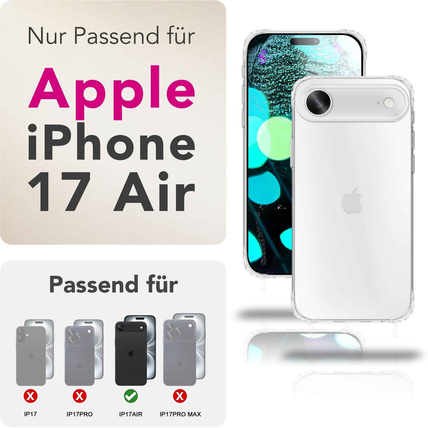NALIA Hülle Hangit für Apple iPhone 17 Air (Umhängehülle) - Transparente Schutzhülle mit 160cm Band, Anti-Gelb, Stoßfest & Kratzfest, Verstellbare Handykette