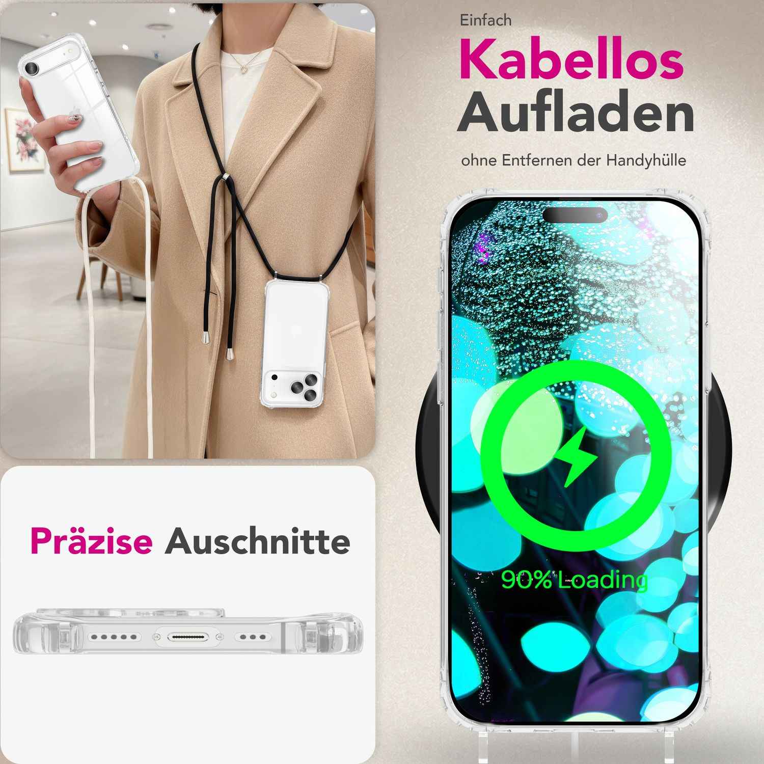 NALIA Hülle Hangit für Apple iPhone 17 Air (Umhängehülle) - Transparente Schutzhülle mit 160cm Band, Anti-Gelb, Stoßfest & Kratzfest, Verstellbare Handykette