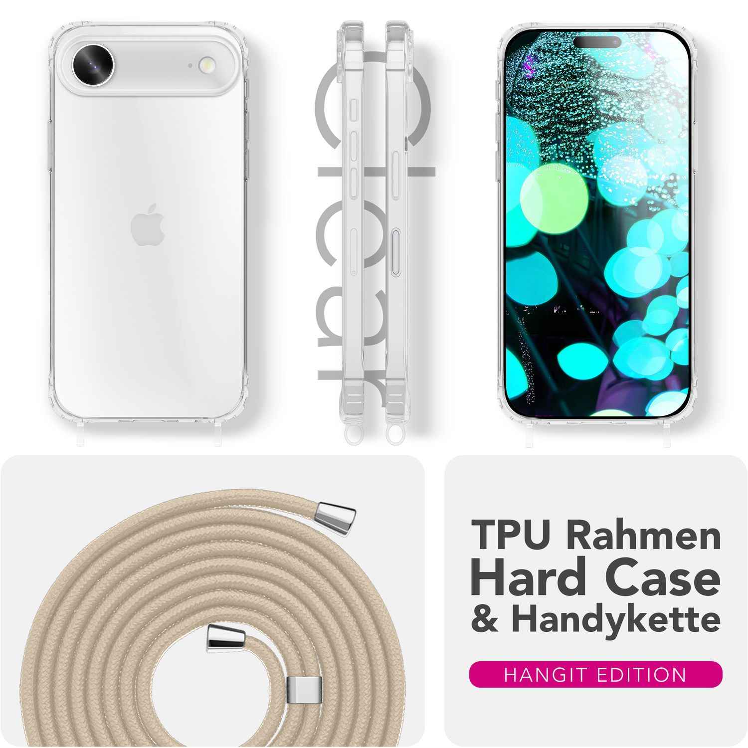 NALIA Hülle Hangit für Apple iPhone 17 Air (Umhängehülle) - Transparente Schutzhülle mit 160cm Band, Anti-Gelb, Stoßfest & Kratzfest, Verstellbare Handykette