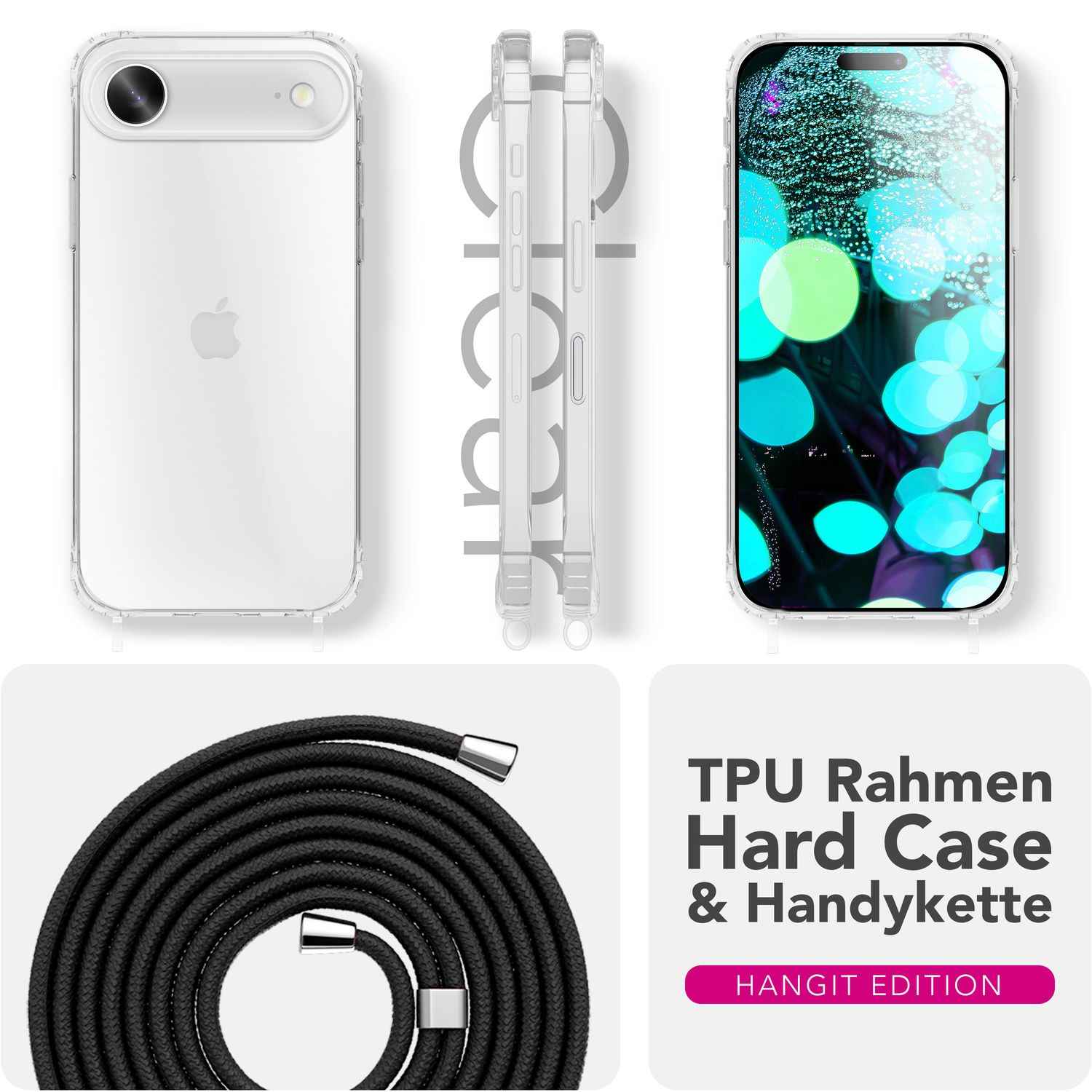 NALIA Hülle Hangit für Apple iPhone 17 Air (Umhängehülle) - Transparente Schutzhülle mit 160cm Band, Anti-Gelb, Stoßfest & Kratzfest, Verstellbare Handykette