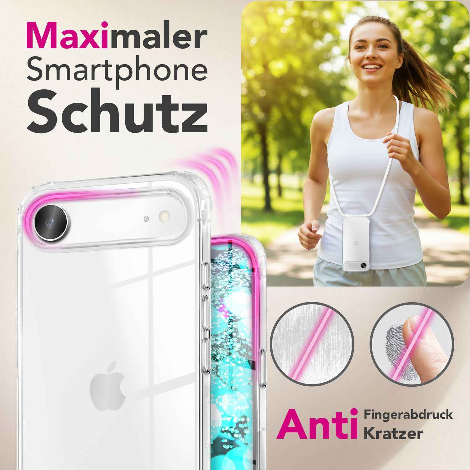 NALIA Hülle Hangit für Apple iPhone 17 Air (Umhängehülle) - Transparente Schutzhülle mit 160cm Band, Anti-Gelb, Stoßfest & Kratzfest, Verstellbare Handykette