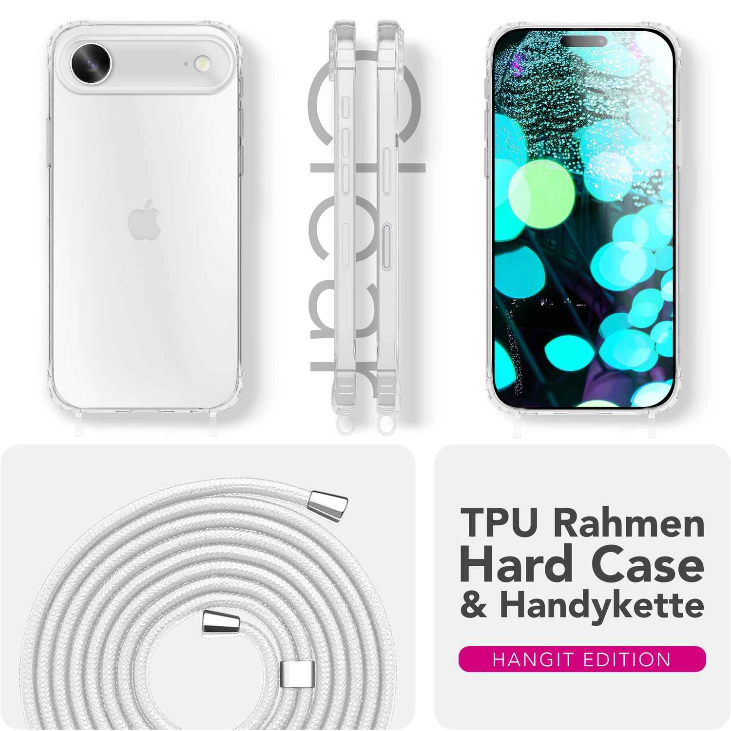 NALIA Hülle Hangit für Apple iPhone 17 Air (Umhängehülle) - Transparente Schutzhülle mit 160cm Band, Anti-Gelb, Stoßfest & Kratzfest, Verstellbare Handykette