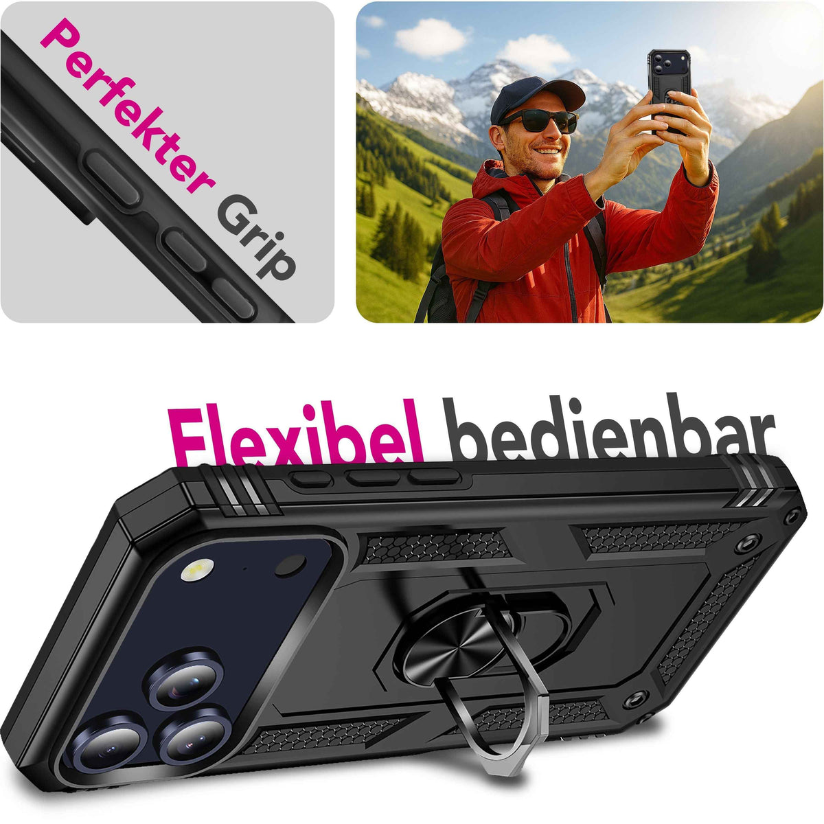 NALIA Hülle RingDefend für Apple iPhone 17 Pro Max (Military-Grade Schutz) - Armor Case mit 360° Dreh-Ring & Kickstand, Outdoor Schutzhülle, Schlagfest & Stoßabsorbierend - Schwarz
