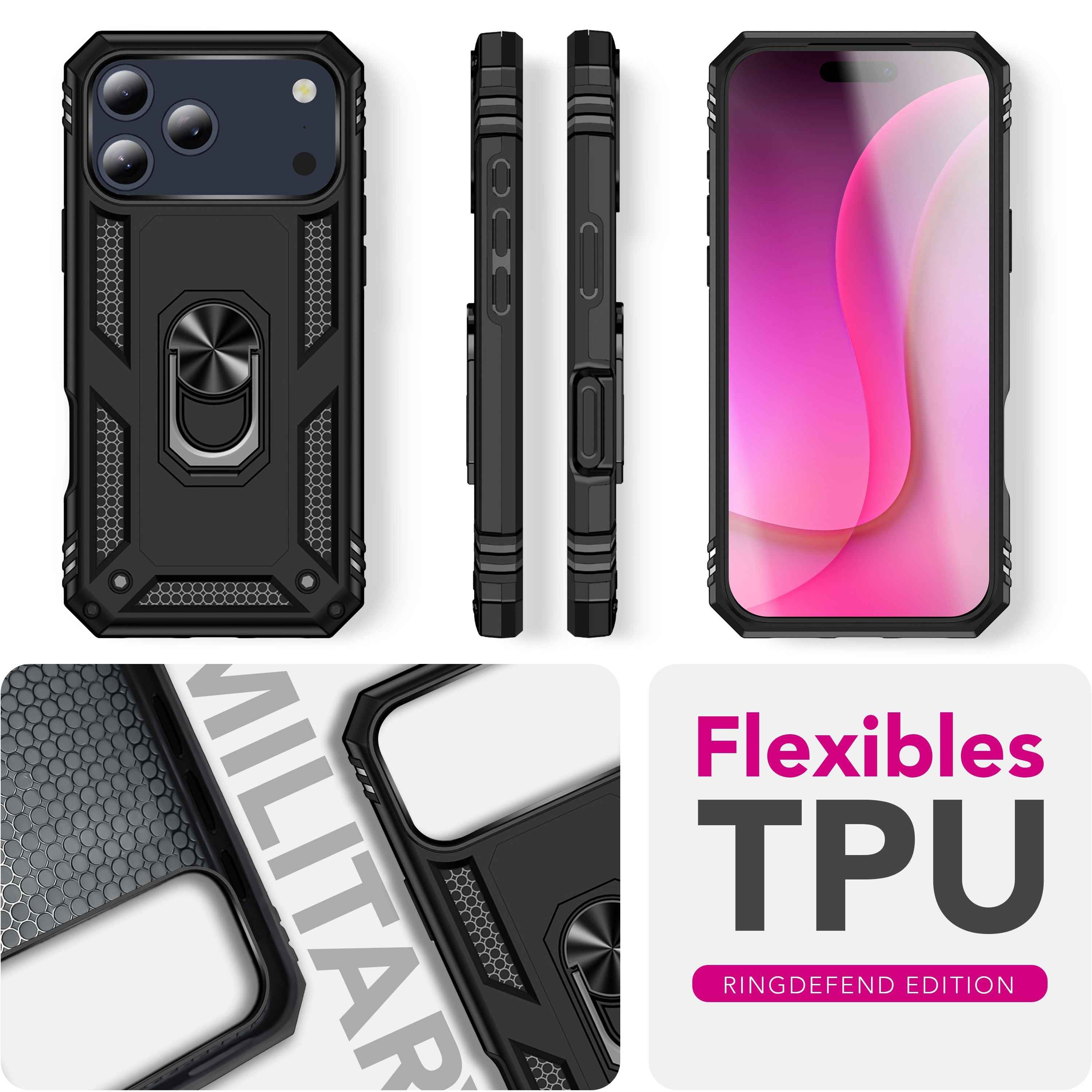 NALIA Hülle RingDefend für Apple iPhone 17 Pro Max (Military-Grade Schutz) - Armor Case mit 360° Dreh-Ring & Kickstand, Outdoor Schutzhülle, Schlagfest & Stoßabsorbierend - Schwarz