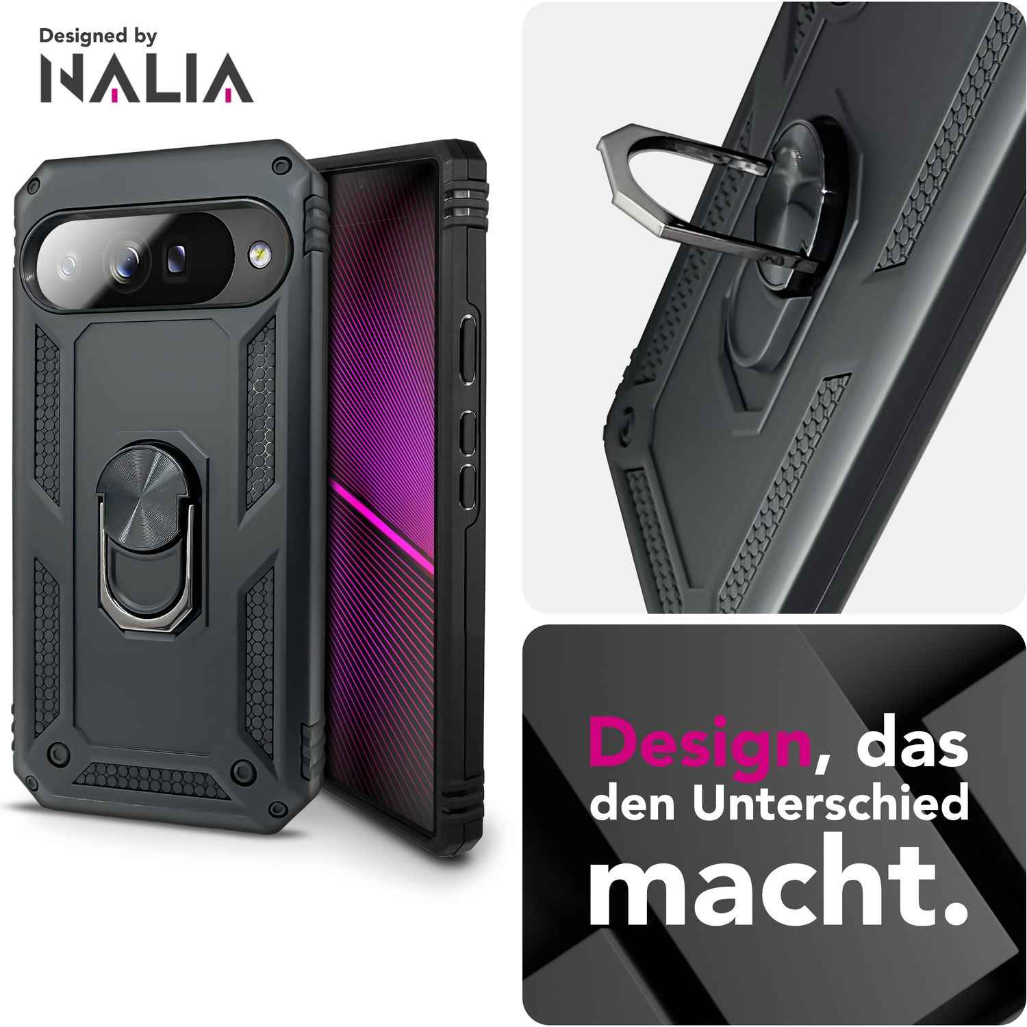 NALIA Hülle RingDefend für Google Pixel 10 (Military-Grade Schutz), Robuste Panzerhülle im Tactical Style, Schlagresistent, 360° Ring & Ständer, Outdoor Schutzhülle - Schwarz