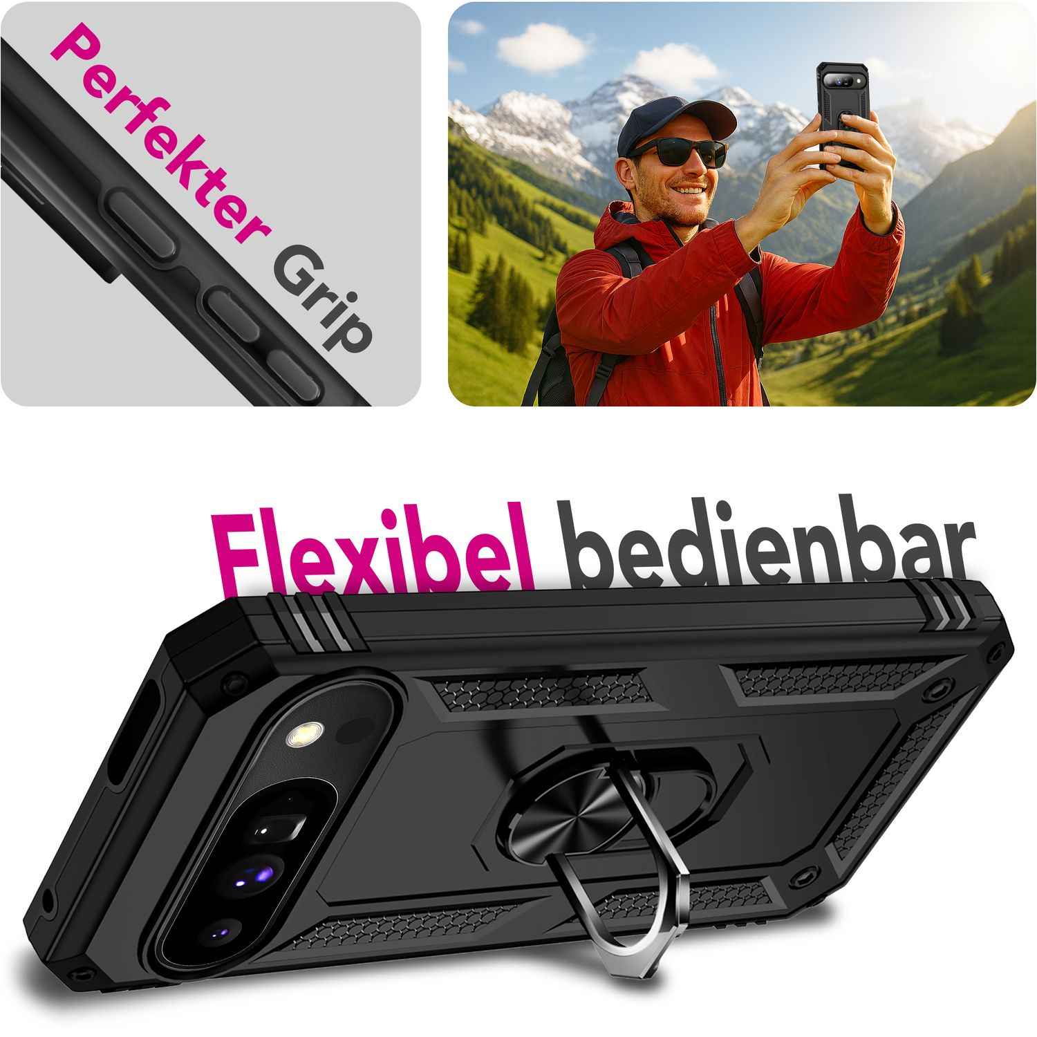 NALIA Hülle RingDefend für Google Pixel 10 (Military-Grade Schutz), Robuste Panzerhülle im Tactical Style, Schlagresistent, 360° Ring & Ständer, Outdoor Schutzhülle - Schwarz