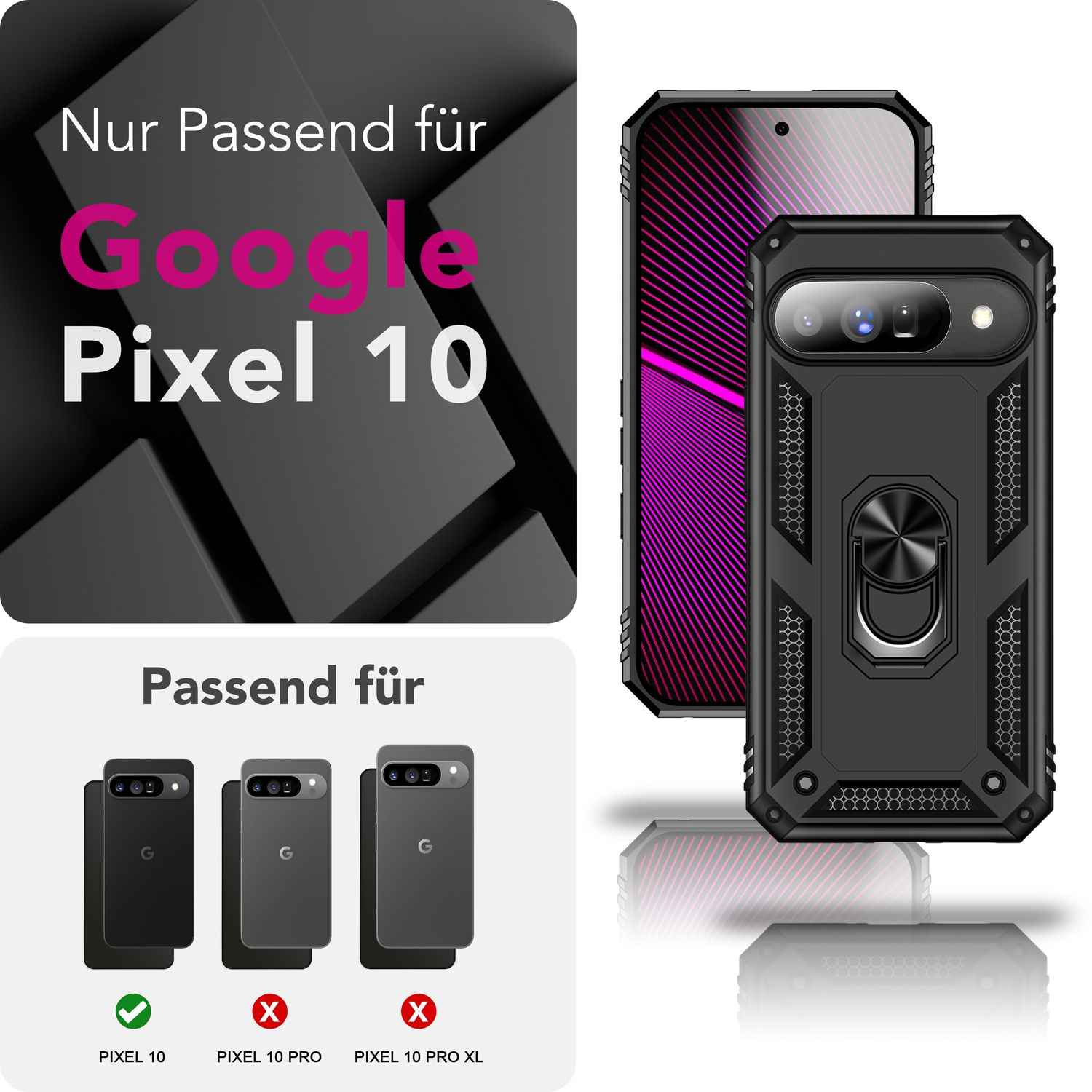 NALIA Hülle RingDefend für Google Pixel 10 (Military-Grade Schutz), Robuste Panzerhülle im Tactical Style, Schlagresistent, 360° Ring & Ständer, Outdoor Schutzhülle - Schwarz